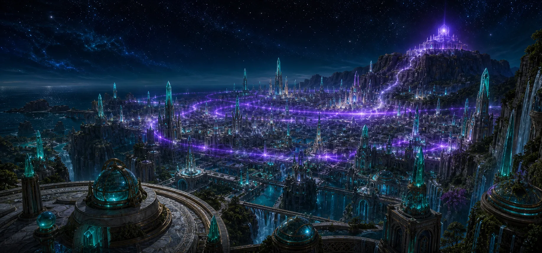 Um pulso violeta atravessa as torres cristalinas de Atlântida durante a noite