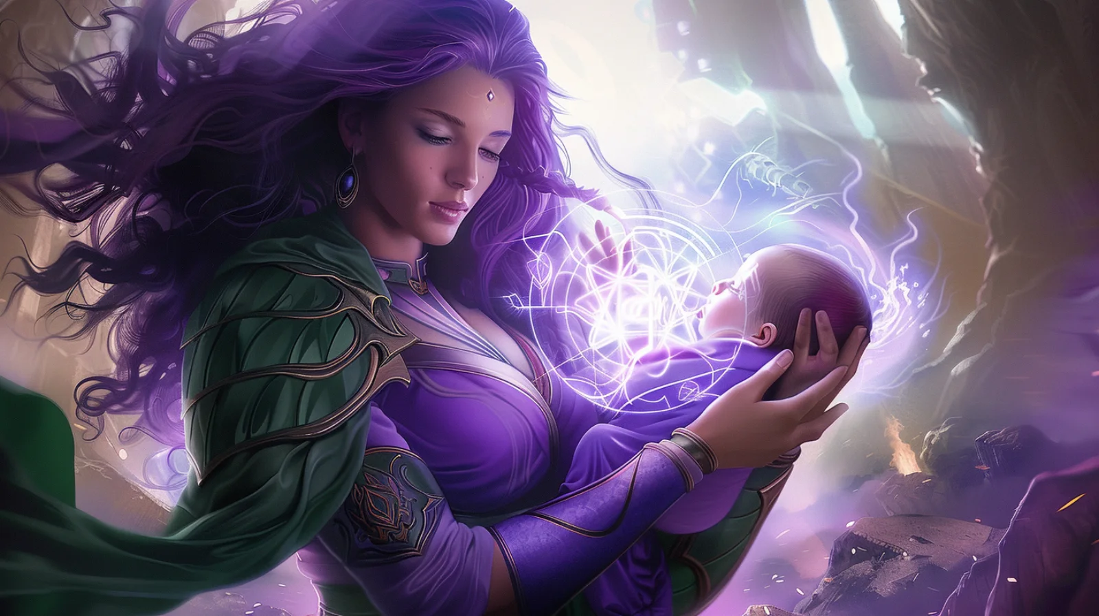 Eirene segura Niamh recém-nascida entre geometrias de luz violeta