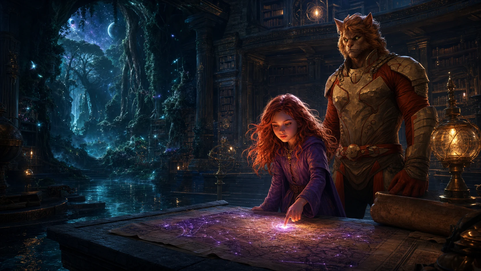Niamh e WindFur ativam um mapa estelar na Biblioteca das Marés