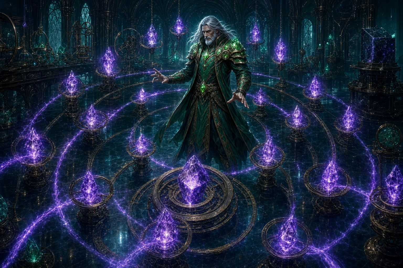 Cyan observa doze cristais reagindo simultaneamente à energia de Niamh