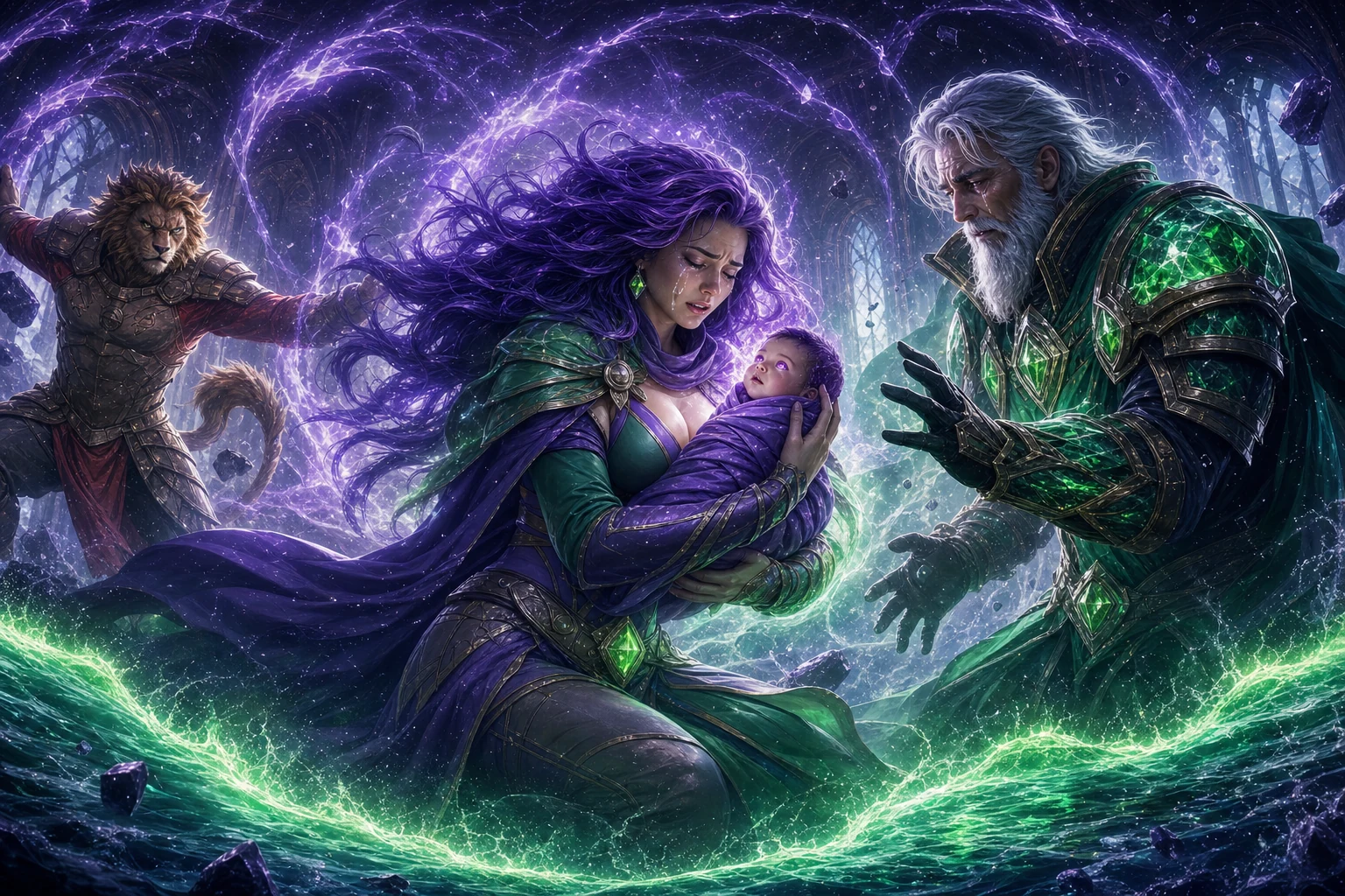 Eirene envolve Niamh com energia verde e acalma suas ondas violetas