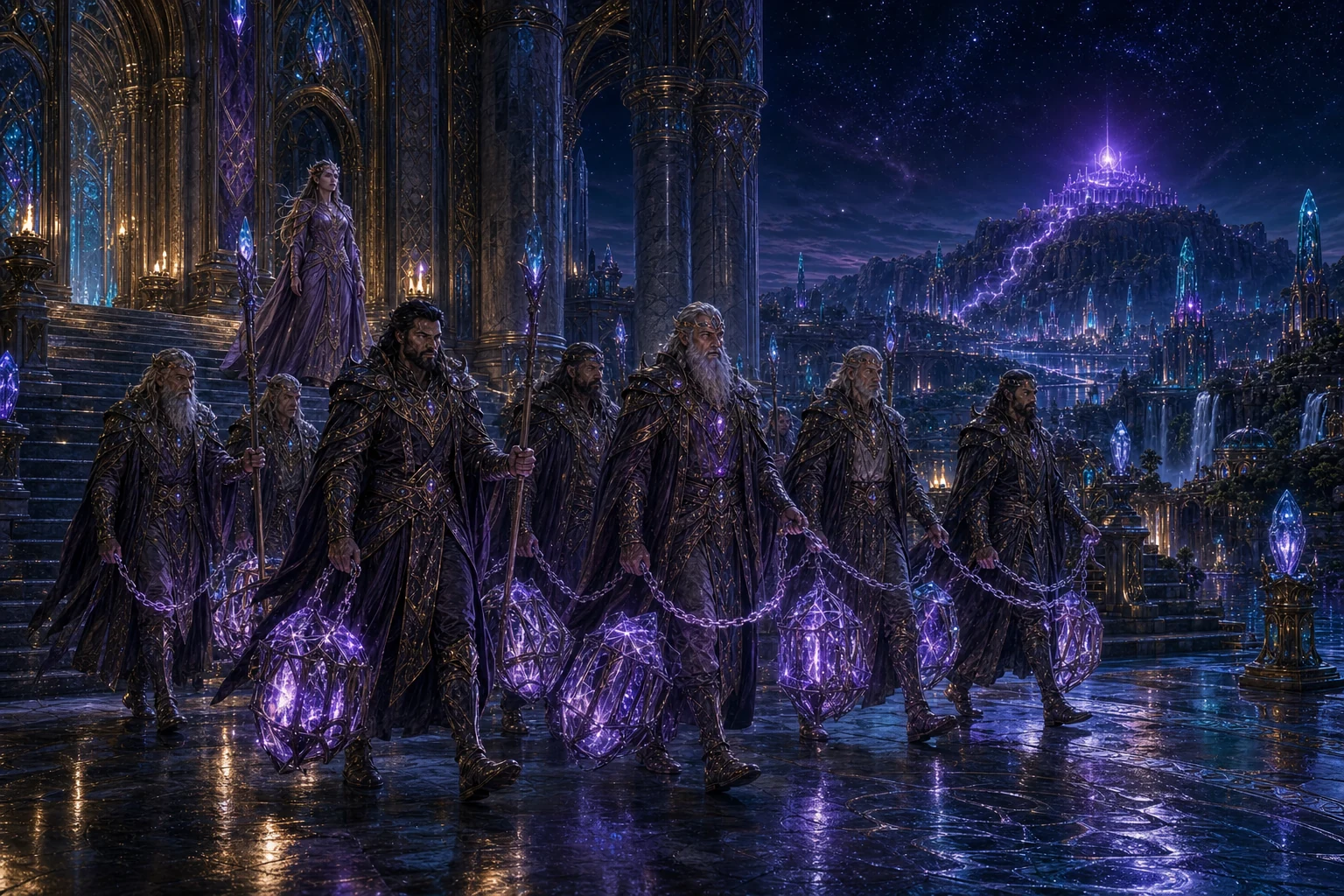 Guardiões deixam o templo com correntes de contenção enquanto Thaleia observa