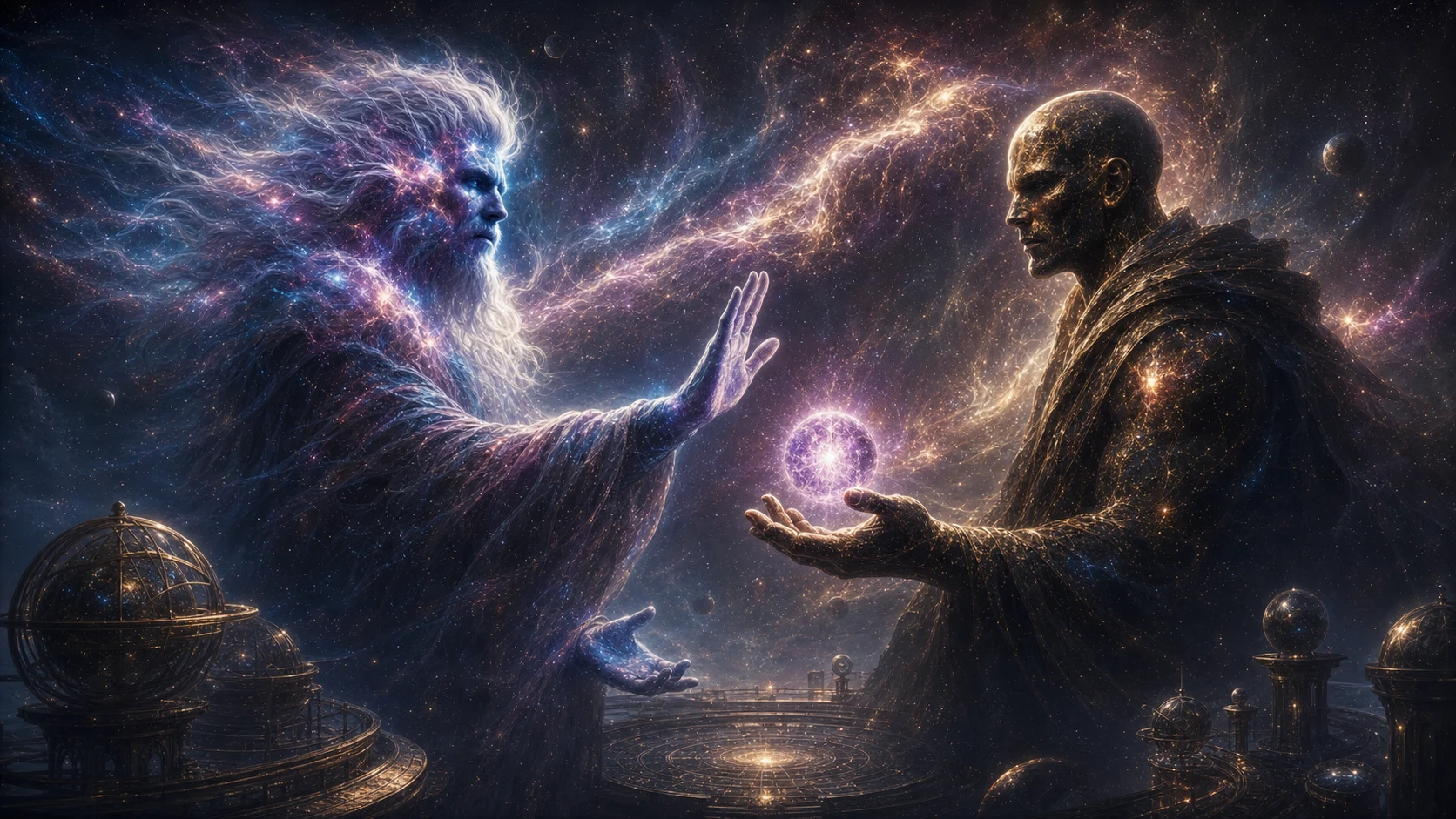 Micah interpõe a mão entre Anhotak e a esfera violeta de Niamh