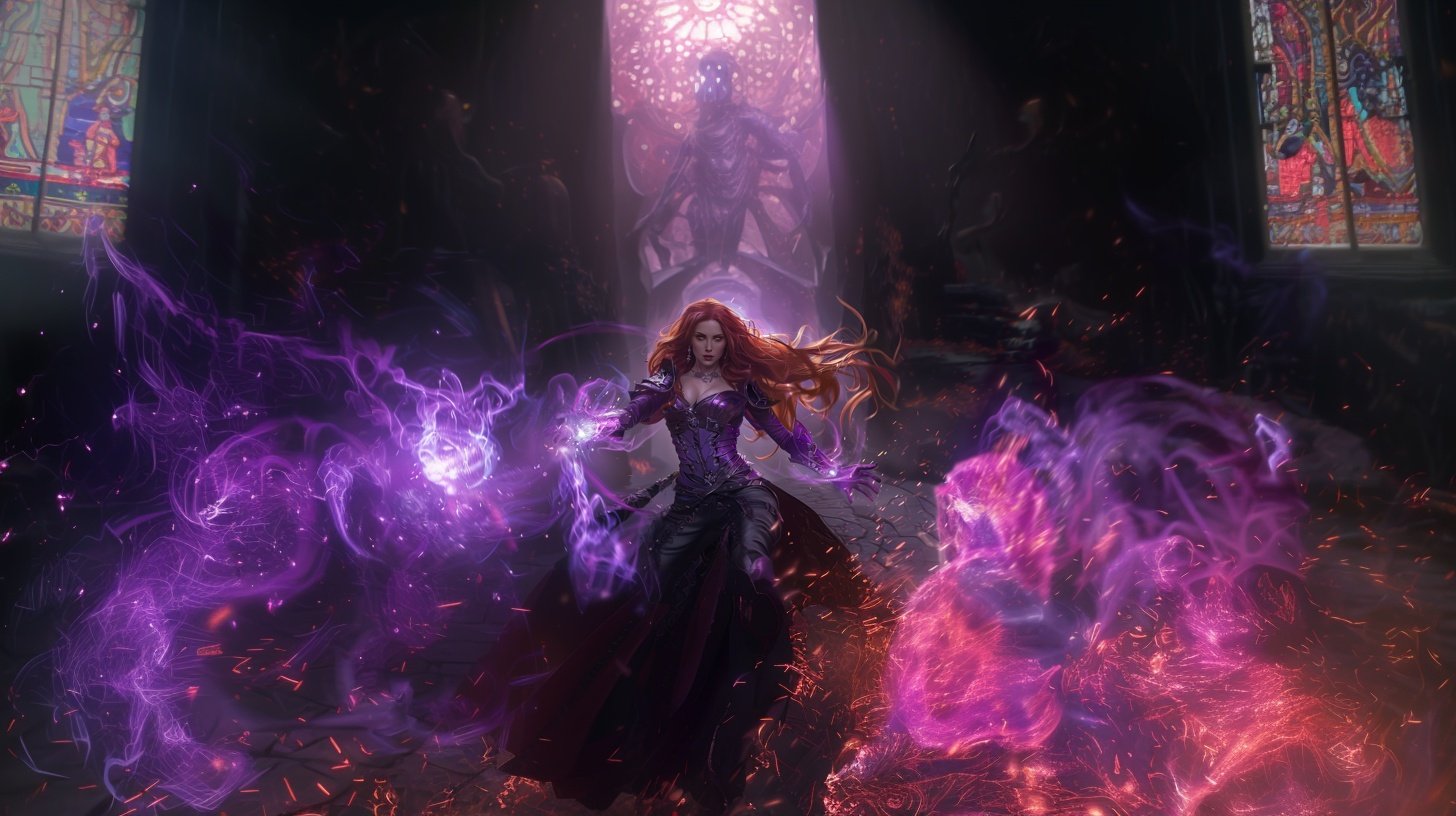 Niamh adulta conduz formas violetas da Energia do Caos em combate