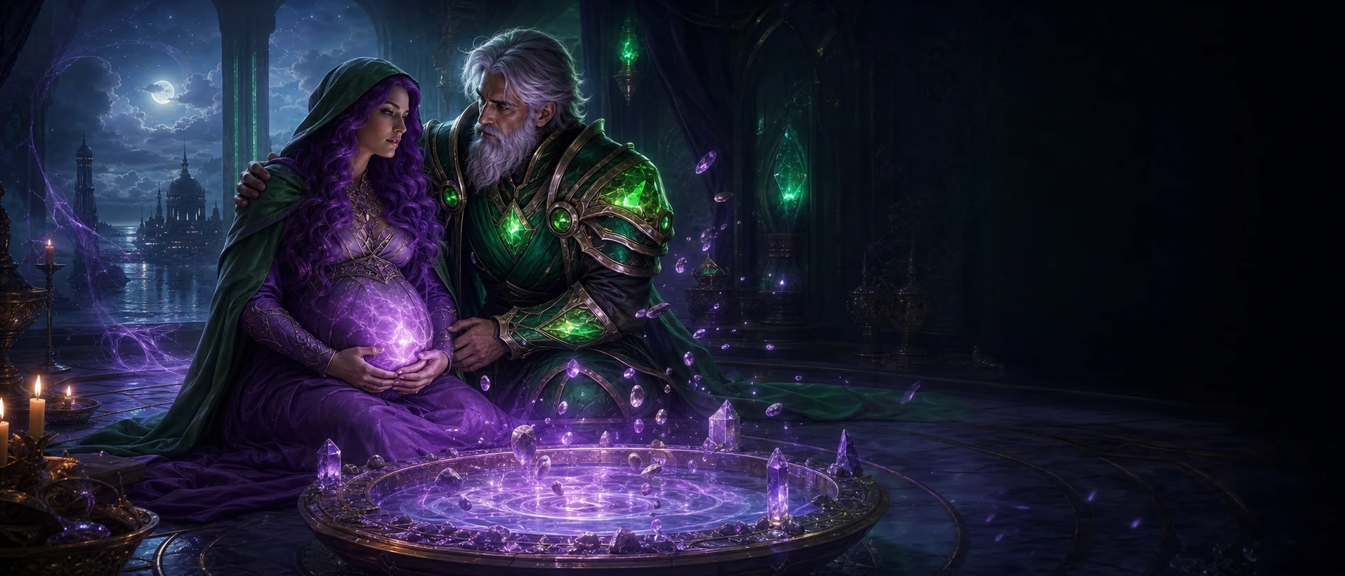Eirene e Cyan sentem o pulso violeta de Niamh ainda no ventre