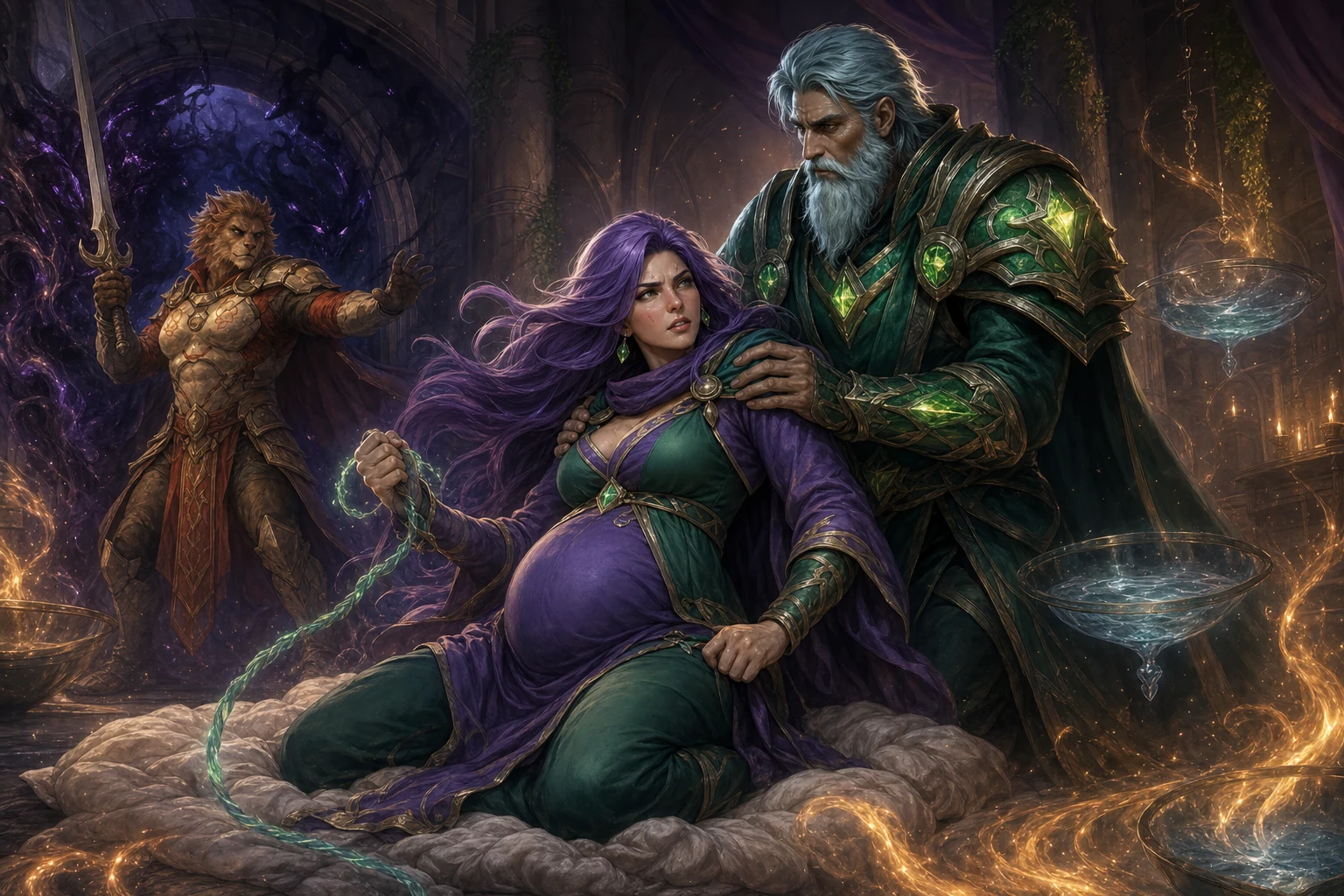 Eirene atravessa o trabalho de parto com Cyan e WindFur ao seu lado