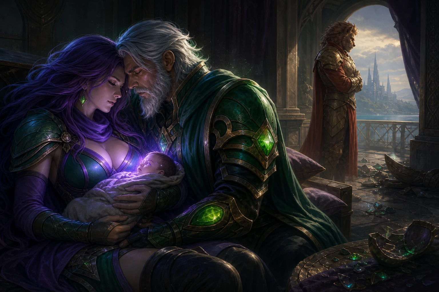 Eirene e Cyan acolhem Niamh enquanto WindFur vigia a varanda