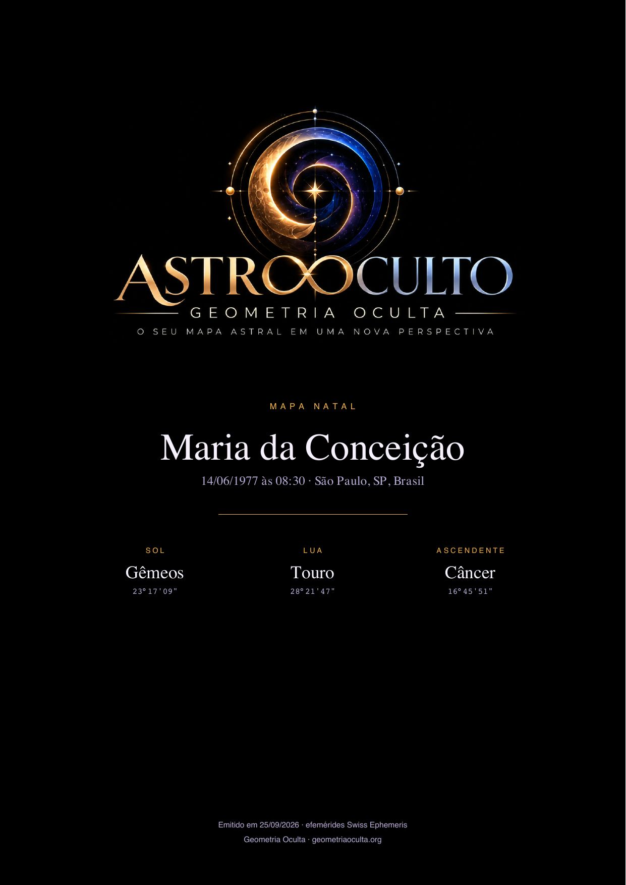 Capa do relatório em PDF: a marca AstroOculto sobre fundo preto, o nome de quem nasceu, a data e o lugar, e o Sol, a Lua e o Ascendente com signo e grau.