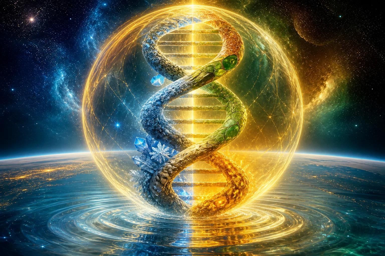 Uma hélice de DNA cristalino une gelo e memória em uma cadeia, jade e inteligência adaptativa na outra, sobre água luminosa.