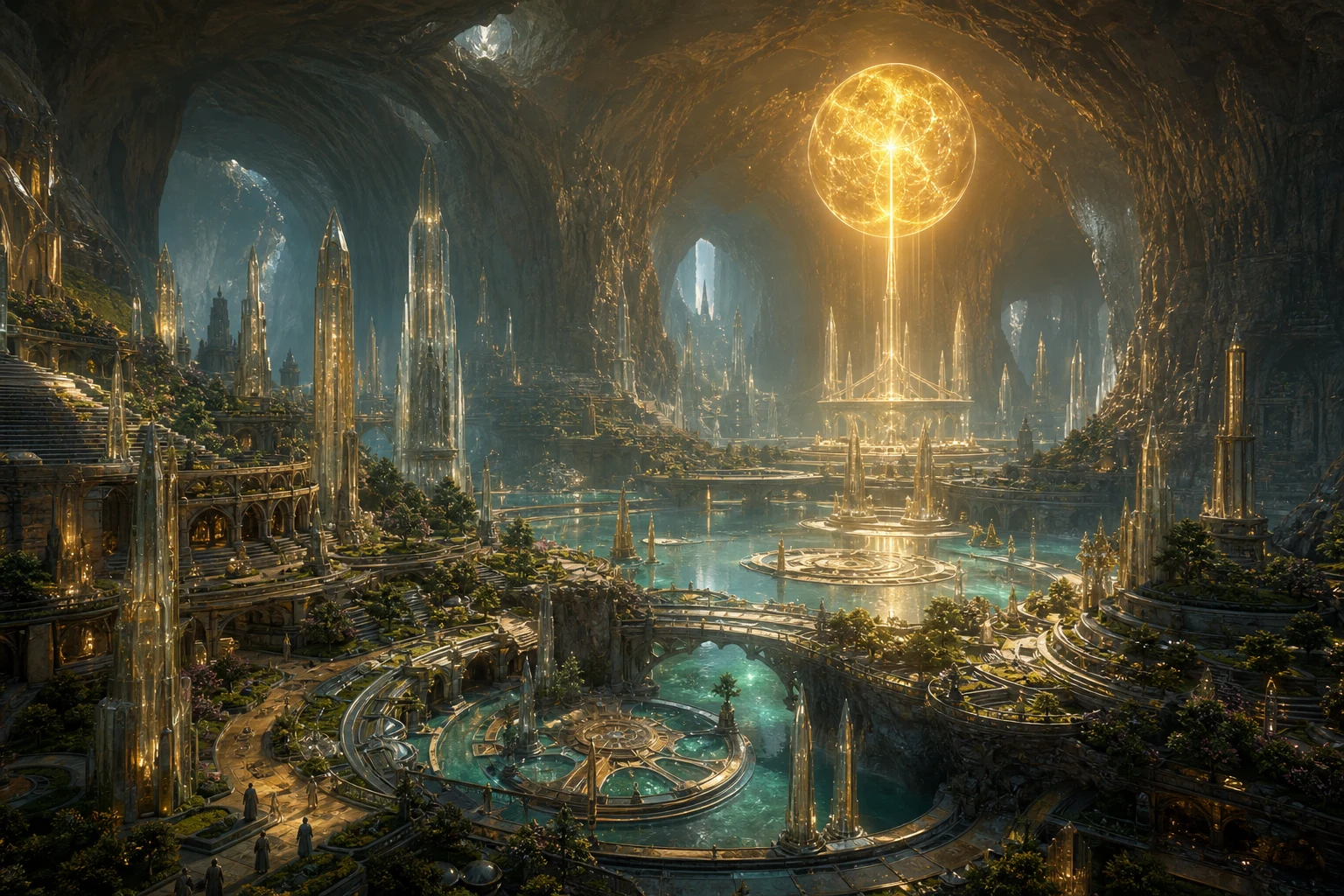Cidade intraterrena monumental combina torres de cristal, jardins, lagos e um sol de plasma em uma imensa caverna.