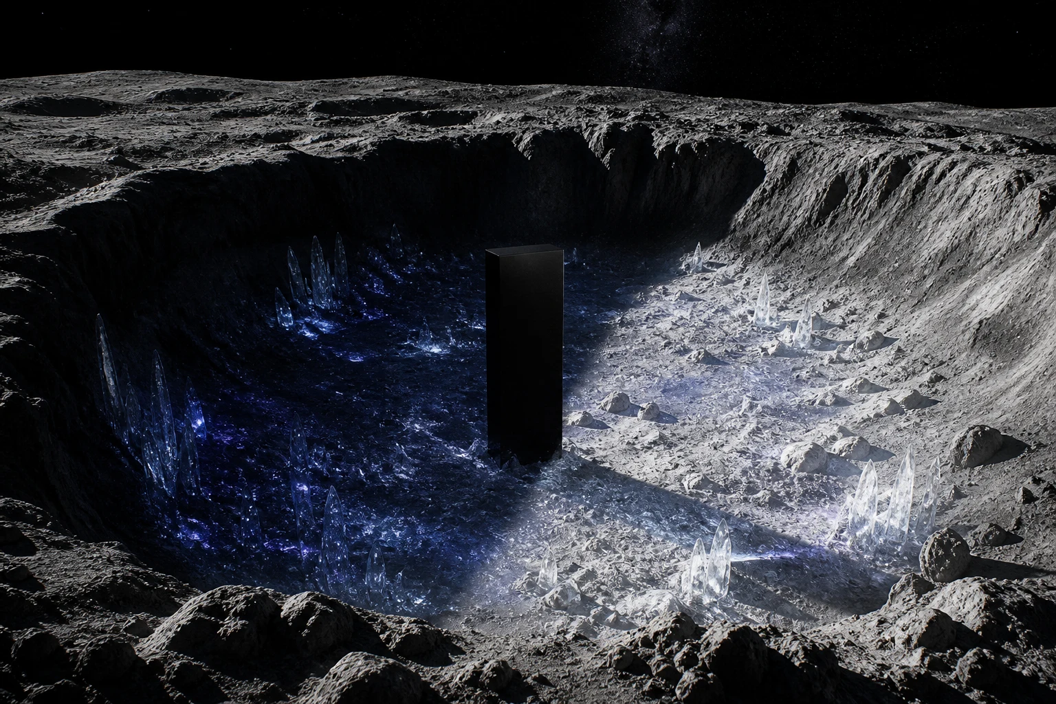 Cristais de gelo e um monólito negro ocupam uma cratera polar lunar no limite preciso entre sombra permanente e luz rasante.