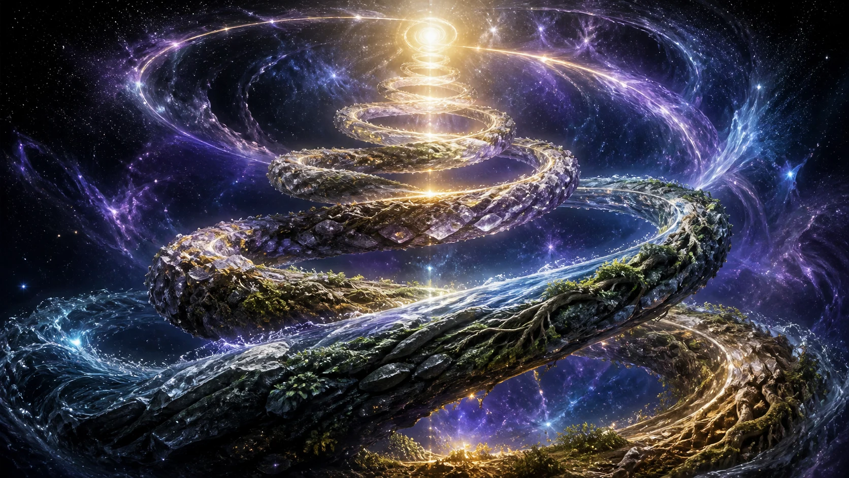 Espiral contínua reúne raízes, pedra, água, folhas, cristais, luz e estrelas em um só movimento.