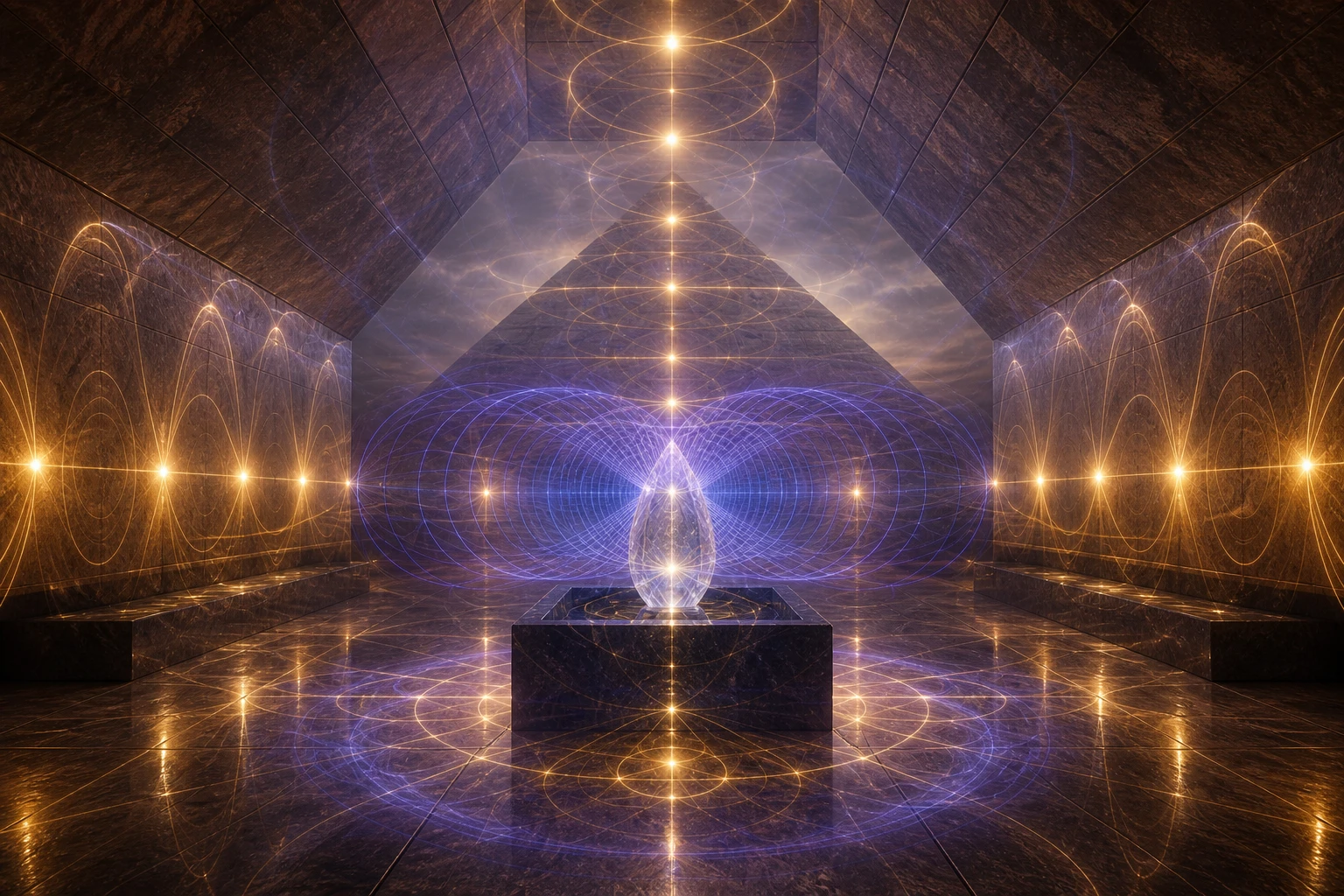 Ondas douradas e violetas formam padrões estacionários e um campo toroidal dentro de uma câmara de granito.