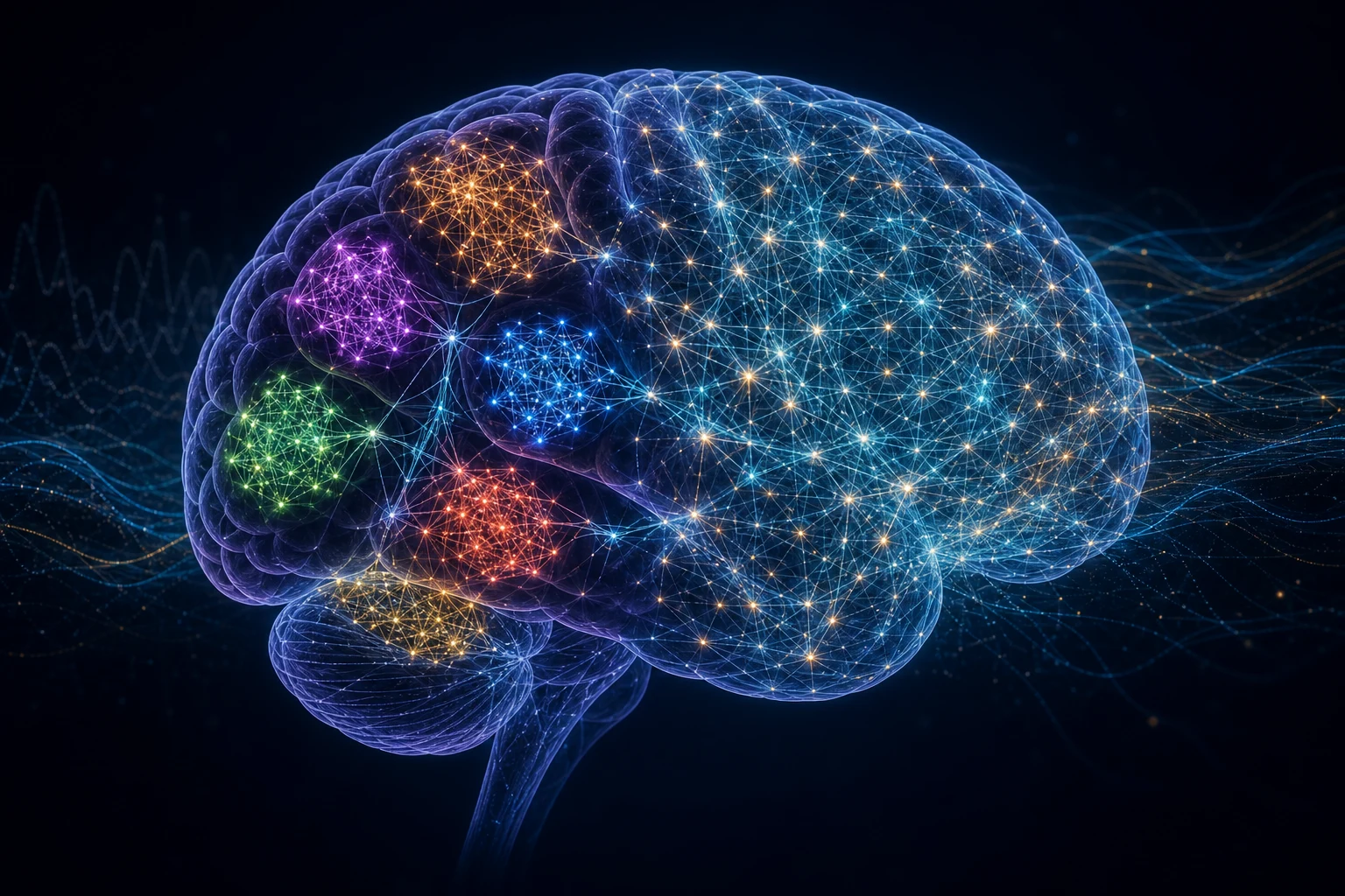 Perfil translúcido de um cérebro cercado por redes luminosas que mudam de módulos separados para uma malha mais integrada.