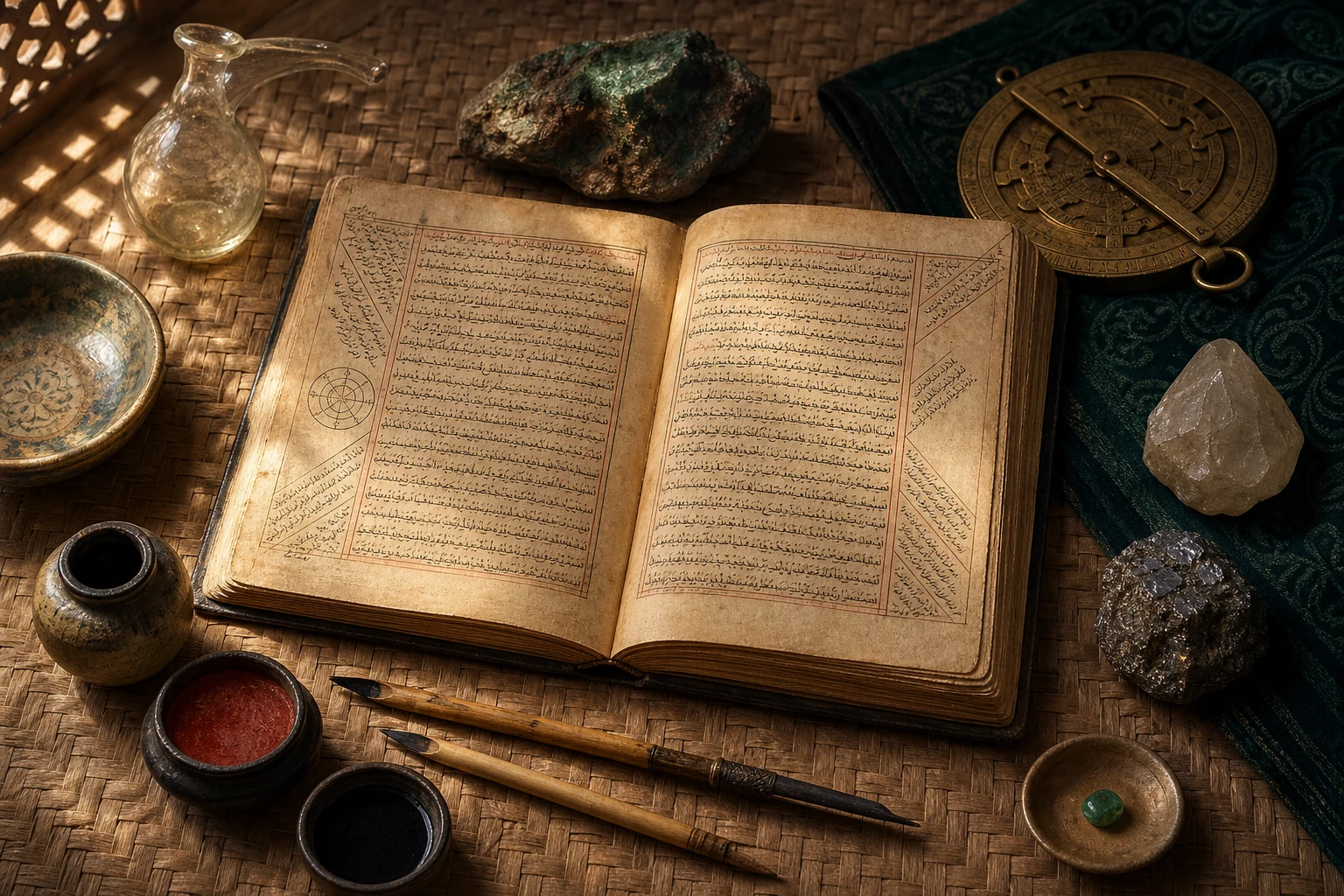 Manuscrito árabe de filosofia natural repousa aberto ao lado de instrumentos de escrita, frascos minerais e uma pequena placa verde simbólica.