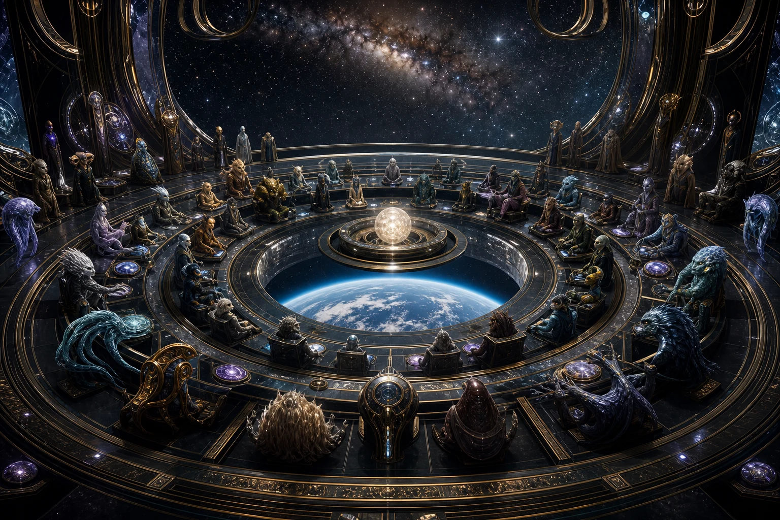 Conselho circular reúne numerosas civilizações extraterrestres ao redor de uma esfera luminosa e da Terra.