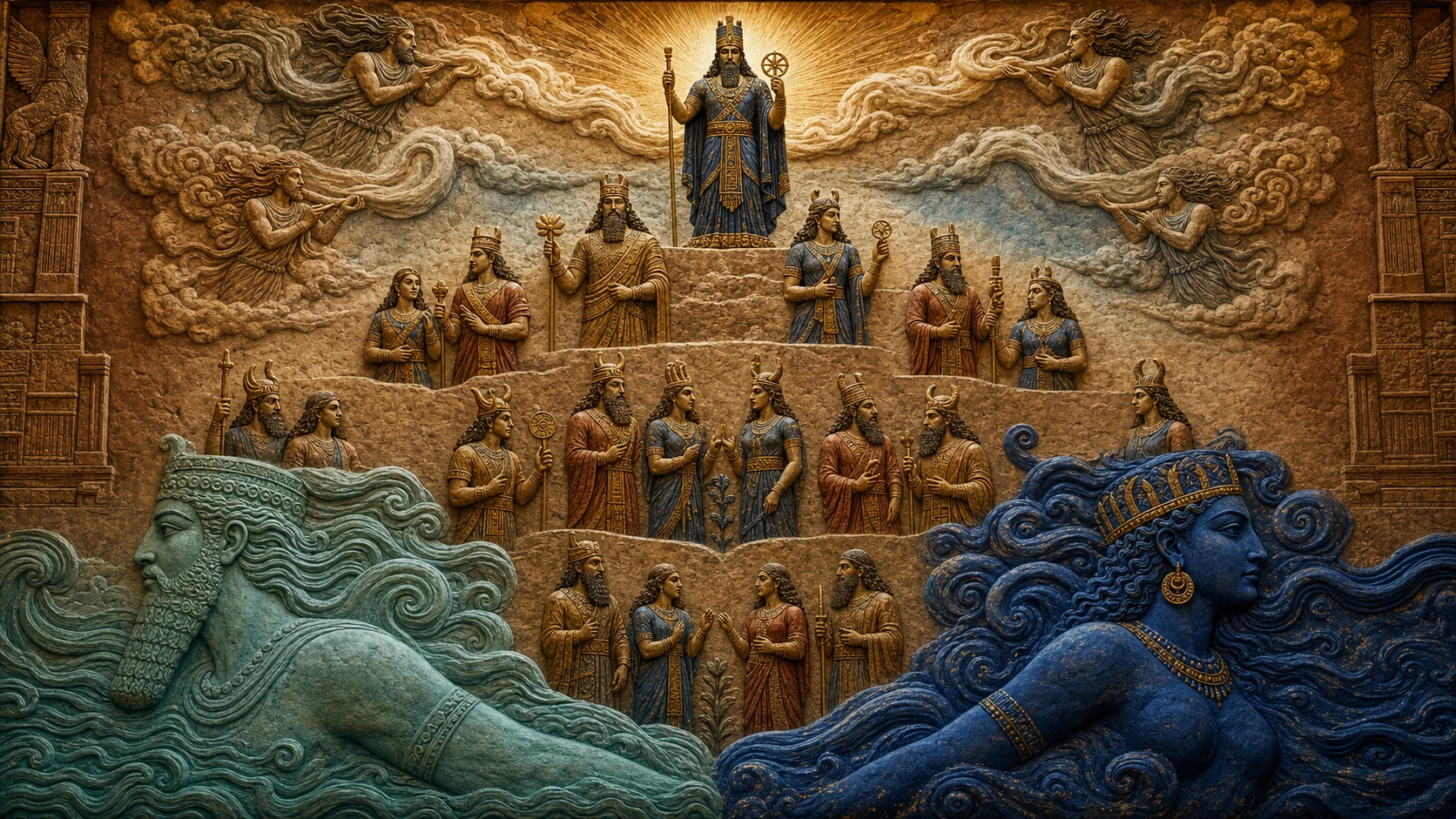 Composição em camadas de relevo mostra Apsu e Tiamat abaixo, gerações divinas ascendendo e Marduk surgindo cercado por quatro ventos.
