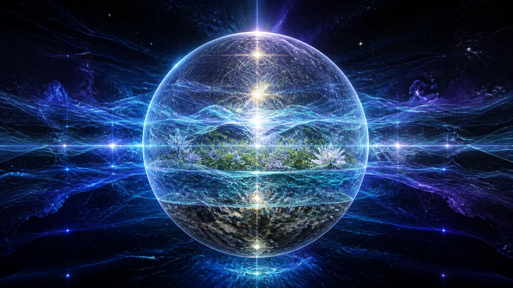 Esfera cristalina reúne camadas de mineral, água, natureza e luz cósmica que coexistem no mesmo espaço.