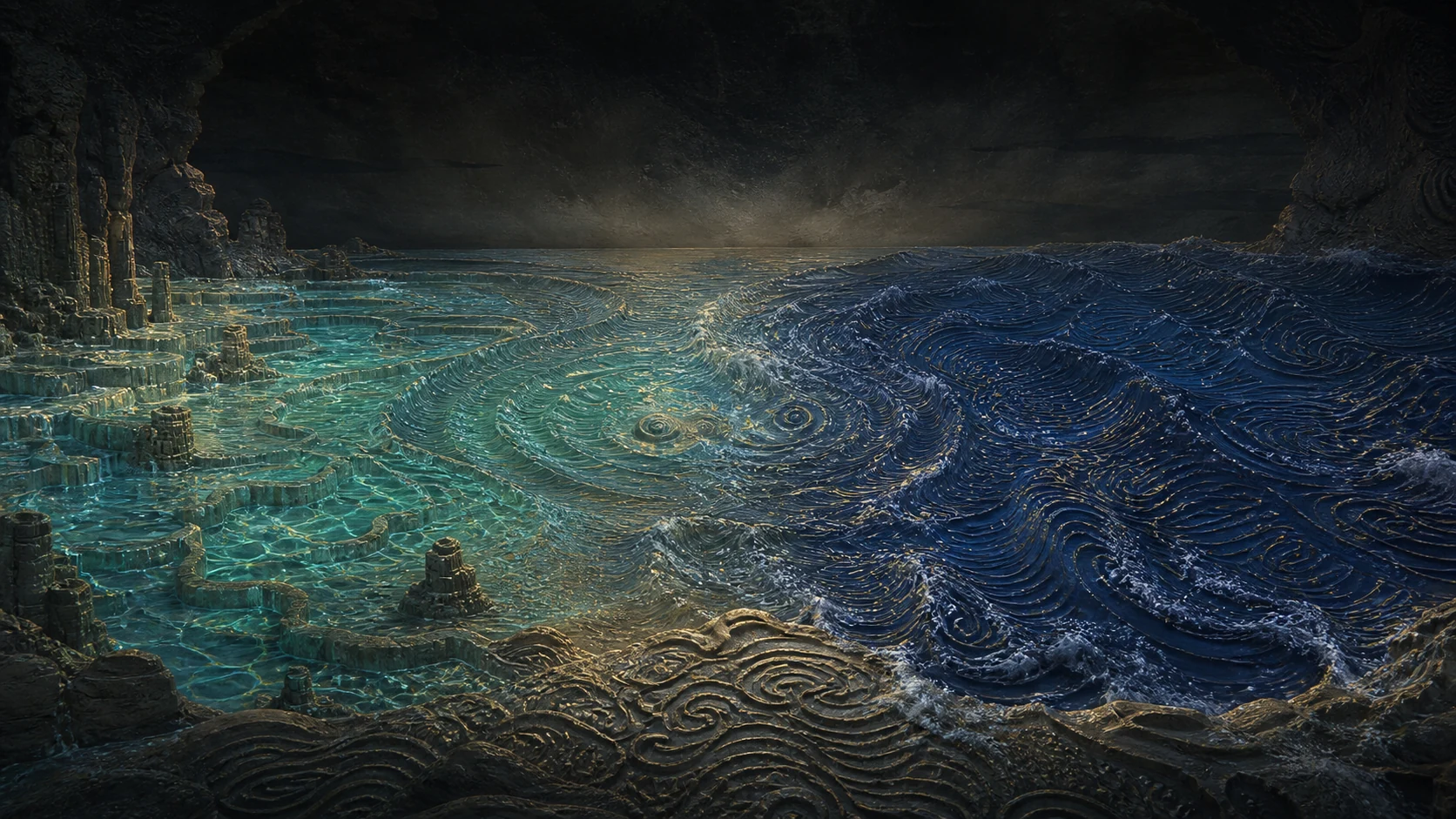 Duas massas de água primordial, uma doce e luminosa e outra salgada e profunda, misturam-se sob um céu ainda sem estrelas.
