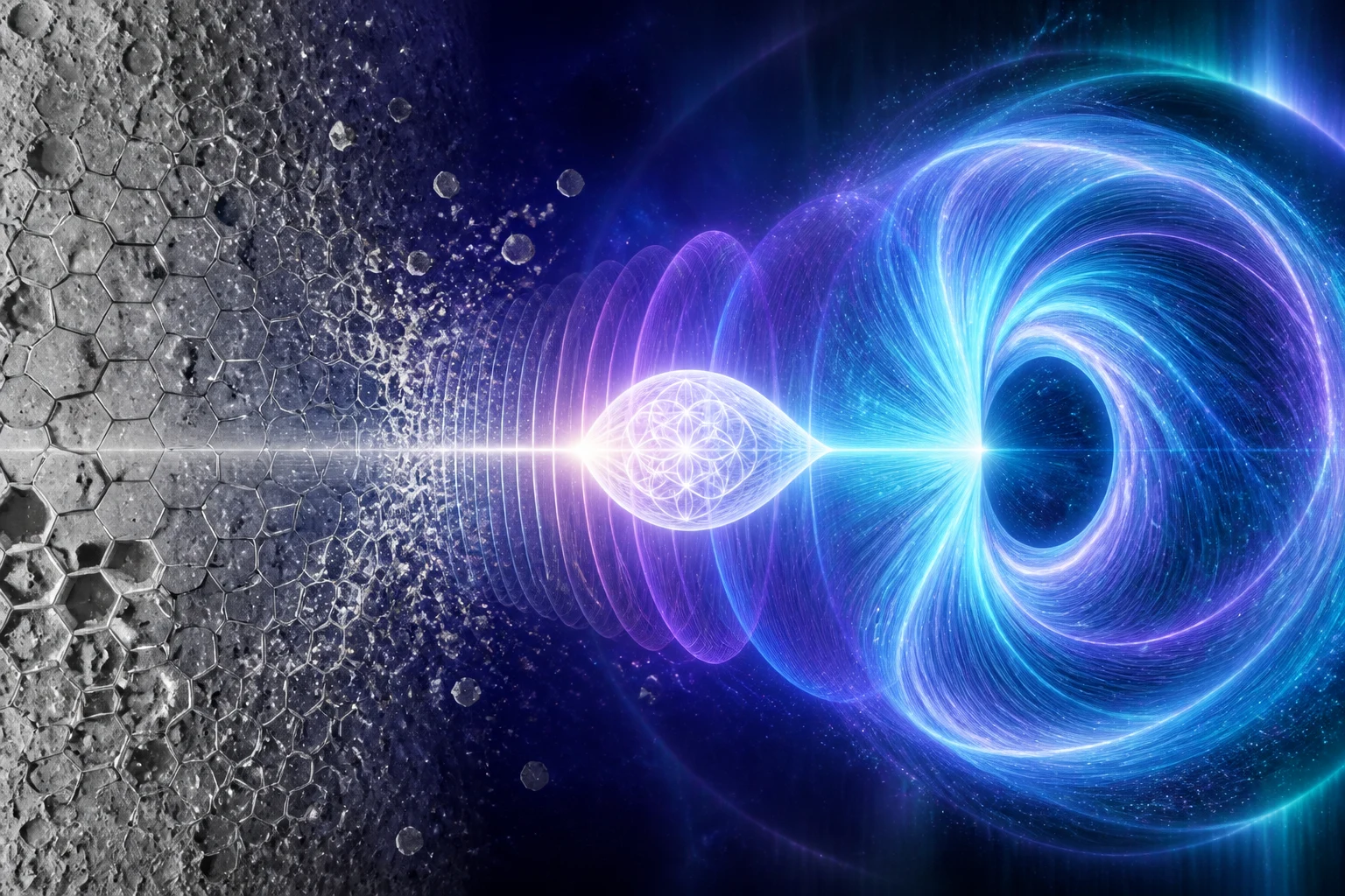 Um campo luminoso em forma de semente atravessa faixas geométricas e transforma uma grade rígida numa aurora toroidal fluida.