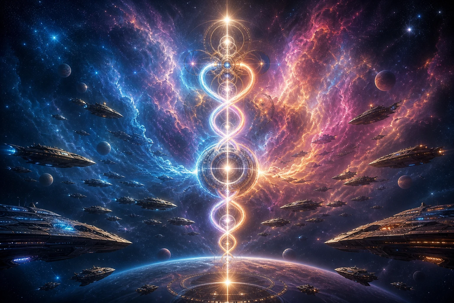 Duas frotas desligam suas armas ao redor de um eixo luminoso semelhante a um caduceu cósmico diante da Nebulosa de Órion.