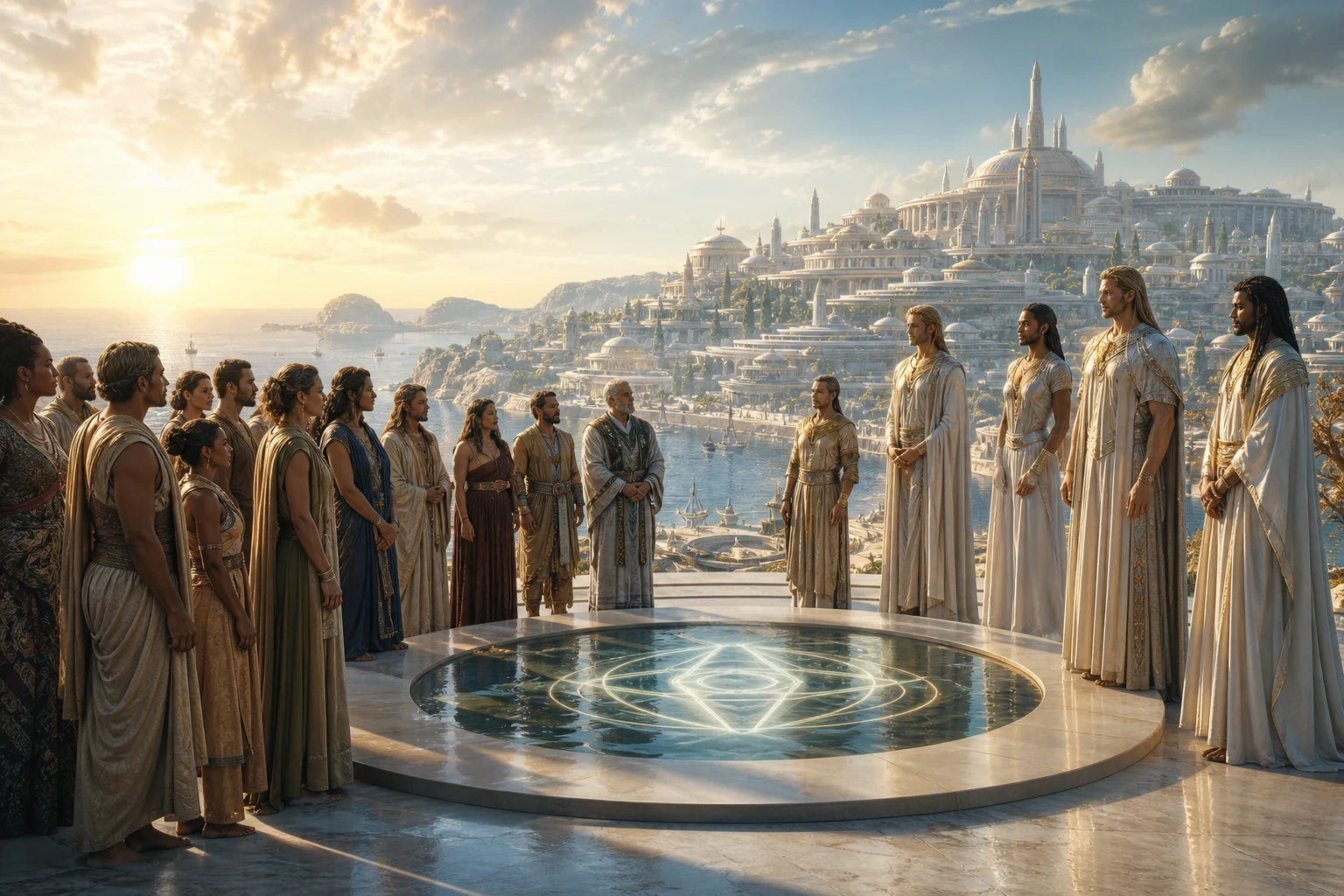 Povos terrestres e guardiões estelares gigantes reúnem-se diante da primeira cidade atlante ao nascer do Sol.