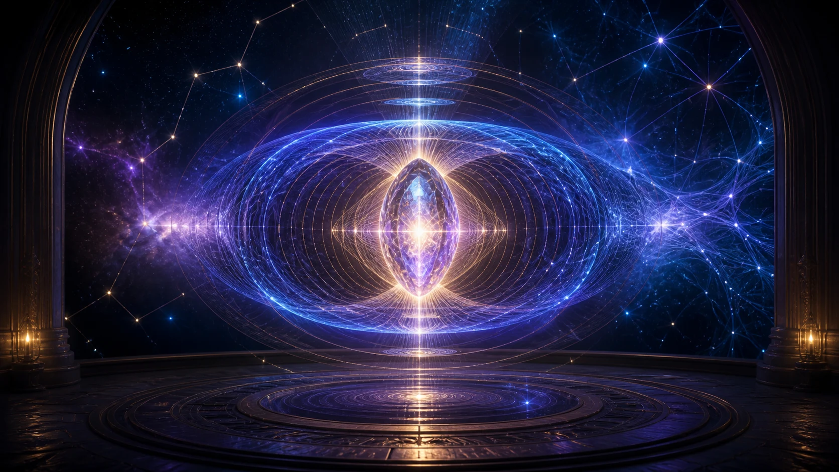 Semente cristalina flutua no centro de um campo toroidal que pulsa como uma respiração luminosa.