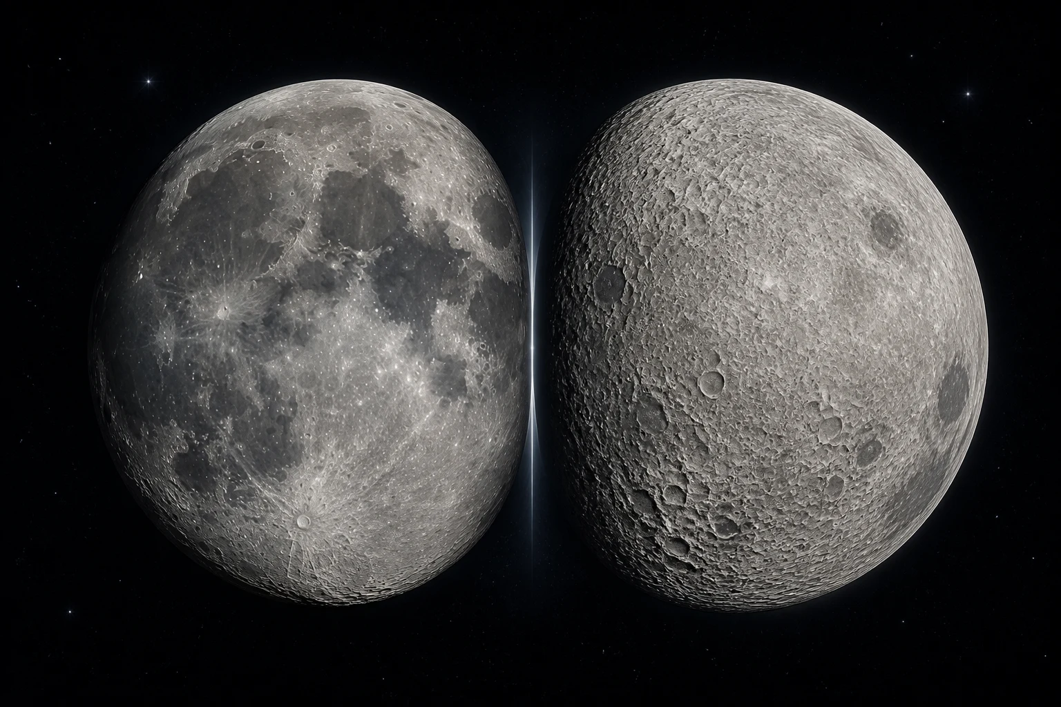 A Lua aparece dividida entre mares basálticos da face visível e terras densamente crateradas da face oculta.