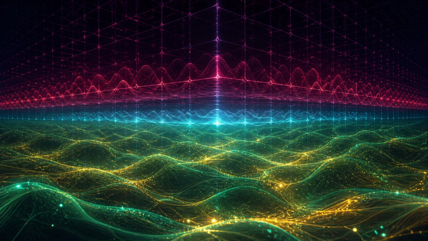 Grade magenta restringe um vasto oceano de ondas esmeralda e douradas a uma faixa estreita.