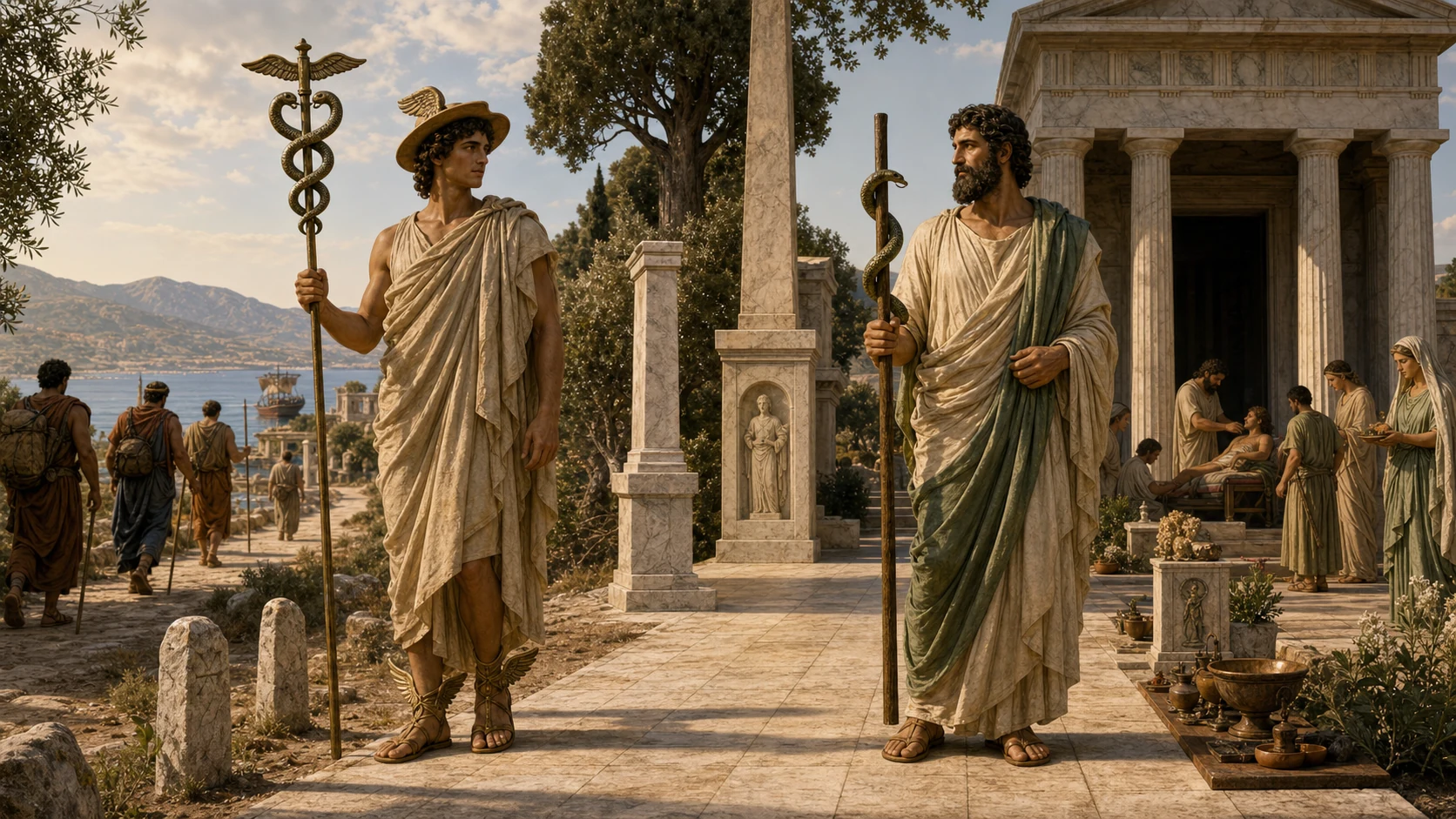 Hermes com um bastão de duas serpentes encontra Asclépio com um bastão de uma serpente diante de espaços gregos distintos.