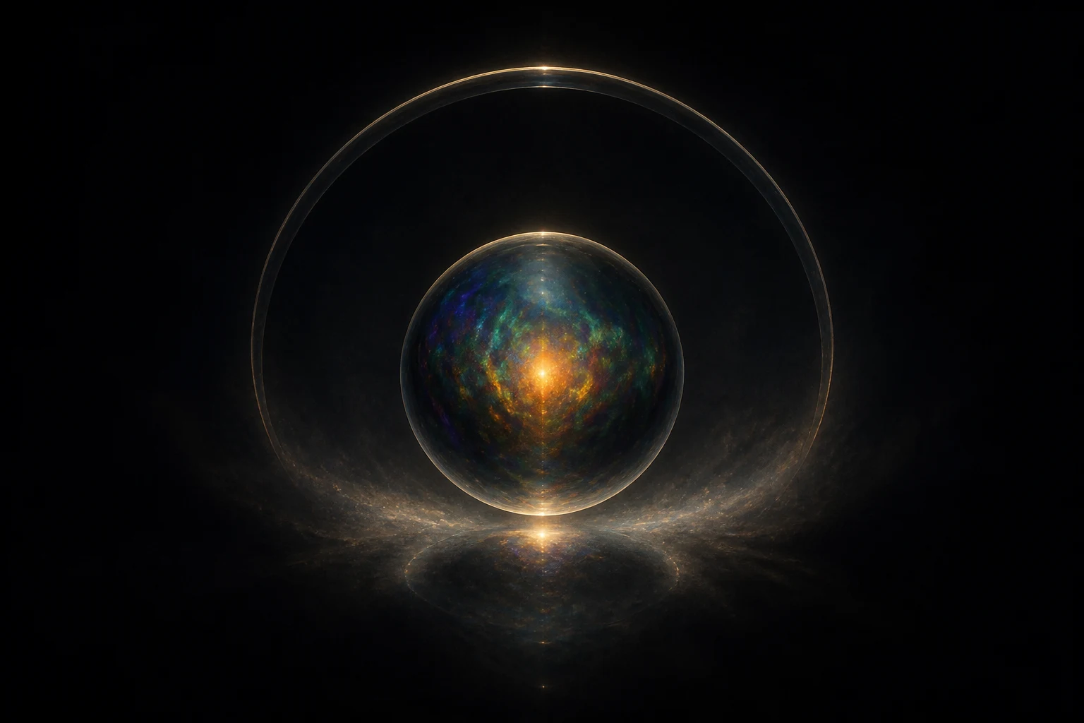 Esfera de opala negra contempla seu reflexo num arco transparente em meio ao vazio primordial.