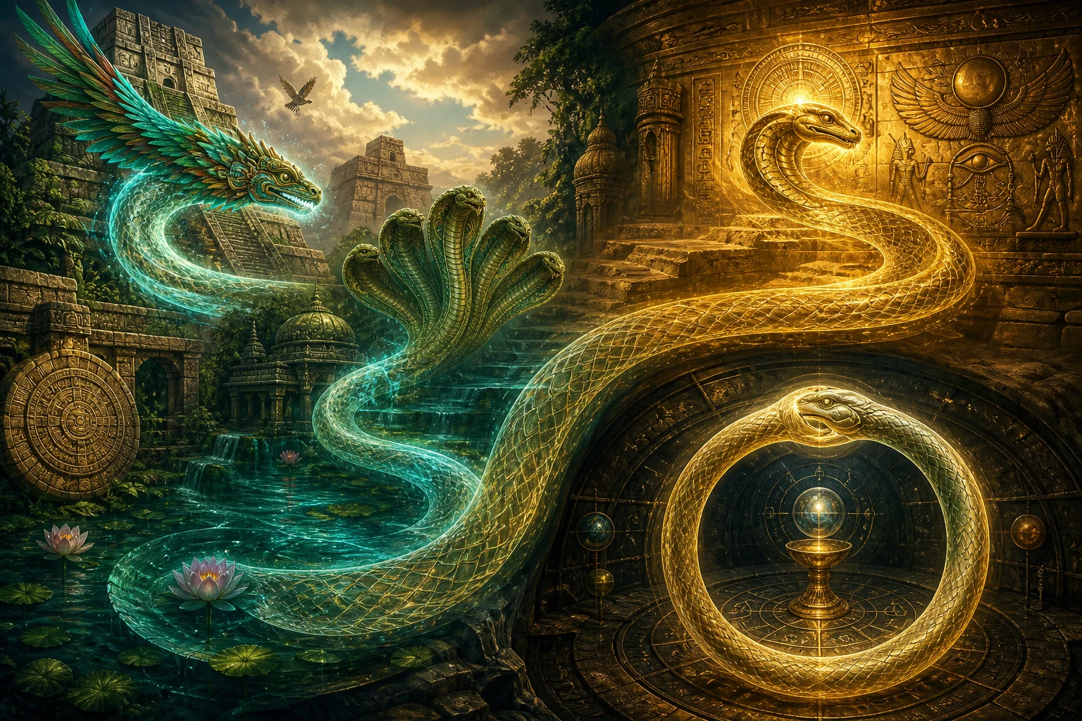 Uma serpente cósmica luminosa atravessa formas mesoamericanas, indianas, egípcias e alquímicas numa única espiral.