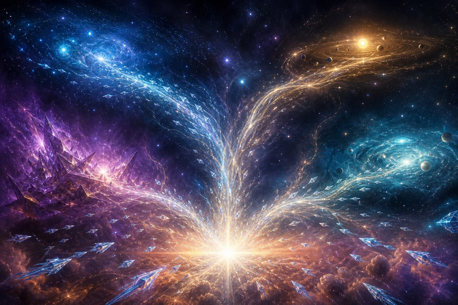 Uma grande frota divide-se em rotas luminosas que alcançam diferentes sistemas como os galhos de uma árvore cósmica.