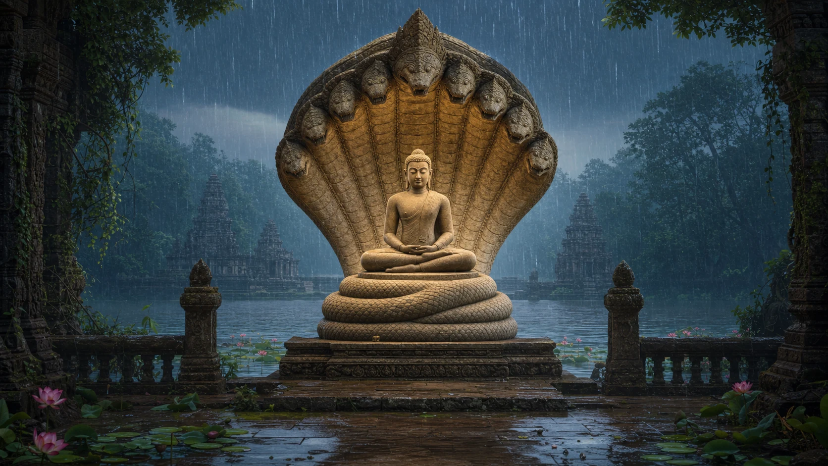 Buda medita sobre as espiras de Mucalinda enquanto o capelo de várias cobras o protege da chuva de monção.