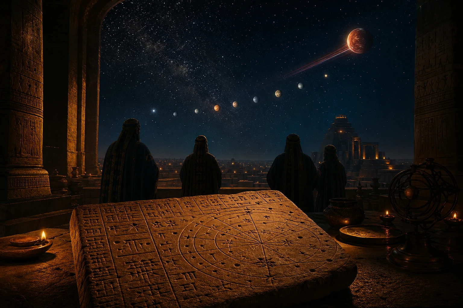 Observatório mesopotâmico contempla doze corpos celestes e um planeta distante diante de uma tábua astronômica.