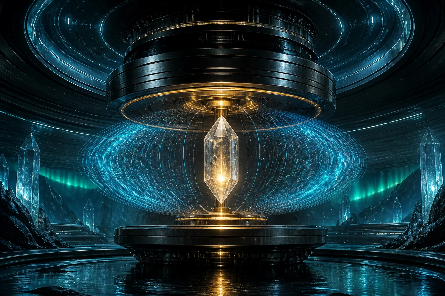 Anéis metálicos em contra-rotação envolvem cristal dourado e plasma ciano num motor Vril toroidal.