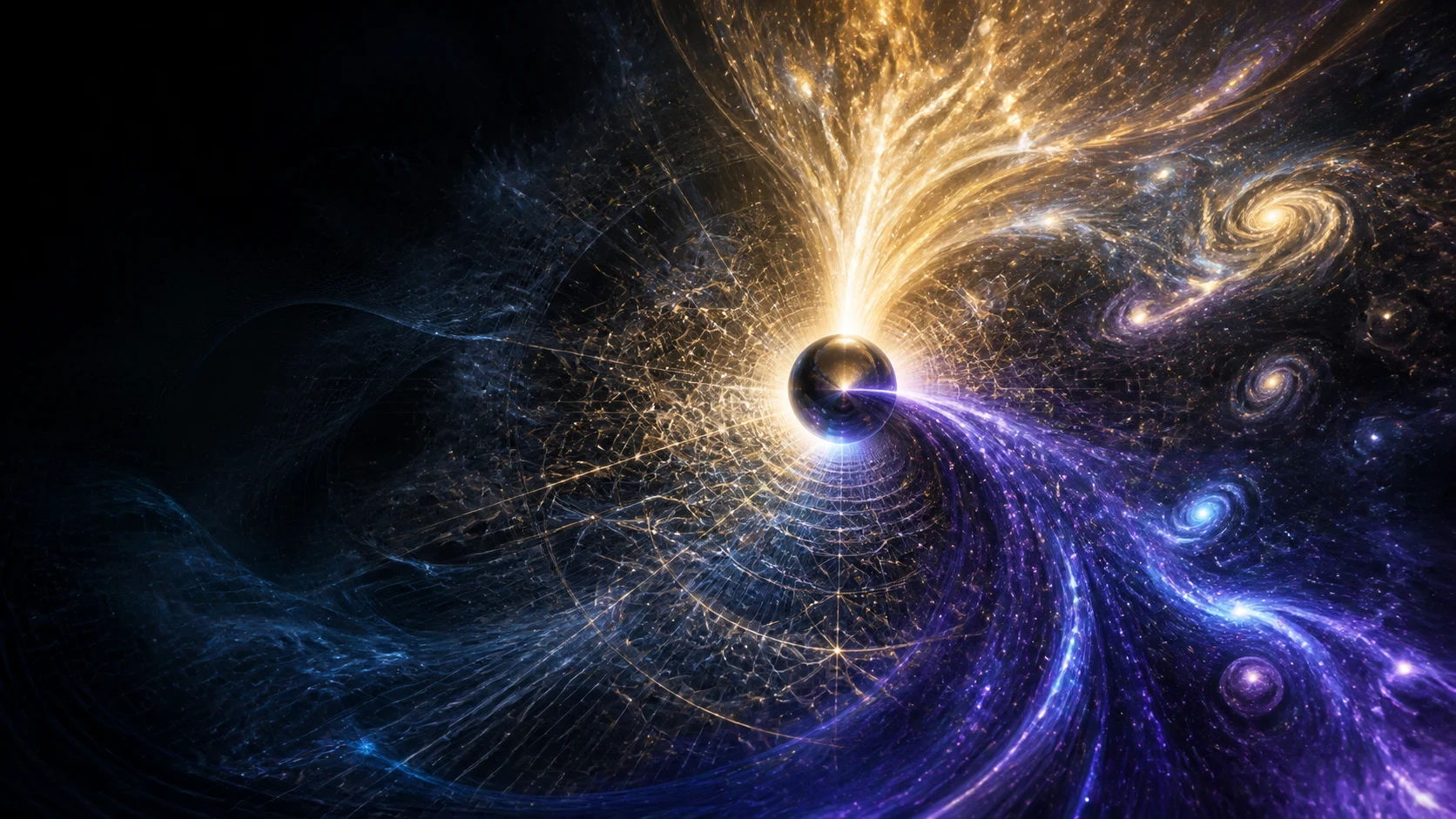 Mônada de opala negra abre correntes dourada e violeta que formam um universo e sua malha cósmica.