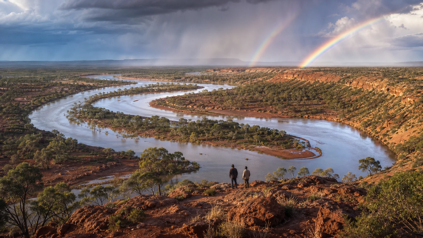 Rio australiano volta a correr sob chuva e arco-íris enquanto duas pessoas observam a paisagem avermelhada à distância.