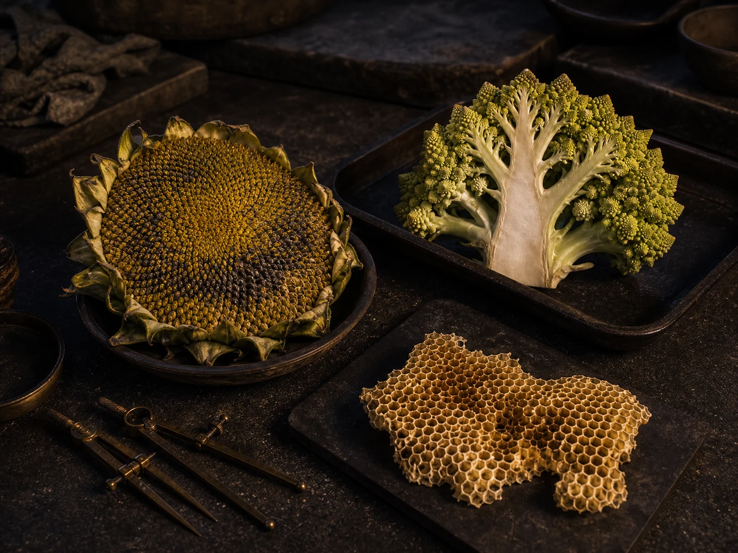 Girassol, romanesco cortado e fragmento de favo de mel dispostos sobre uma mesa de estudo escura.