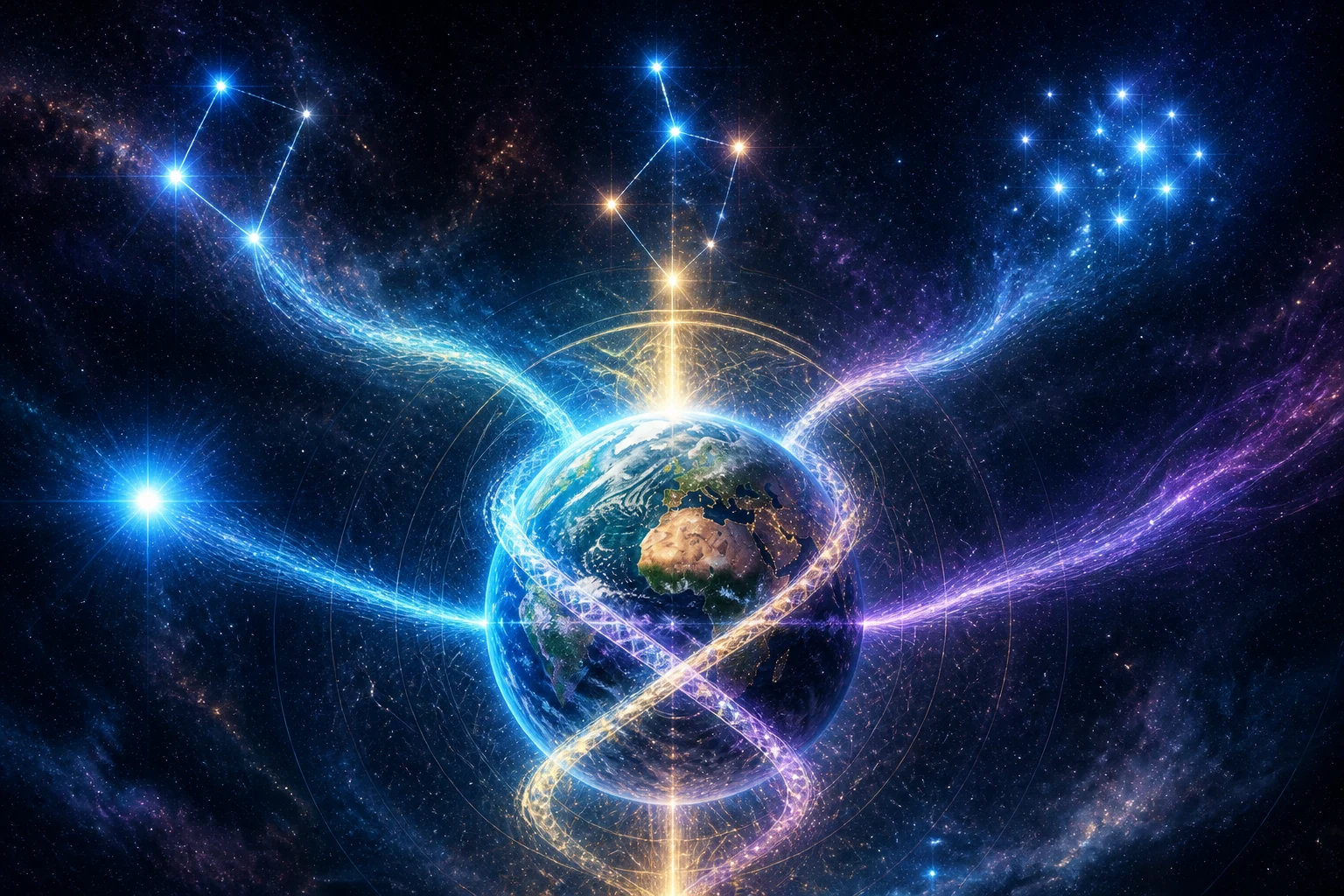 Correntes de Lira, Órion, Sírius e Plêiades convergem sobre a Terra e entram numa dupla hélice de luz.