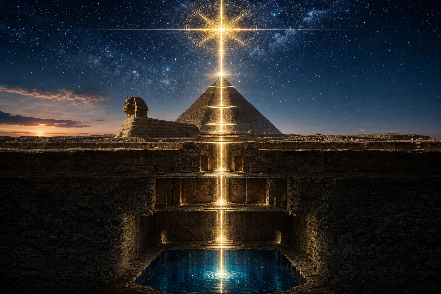 Eixo de luz atravessa água subterrânea, câmaras, Esfinge, pirâmide e uma abertura geométrica entre as estrelas.
