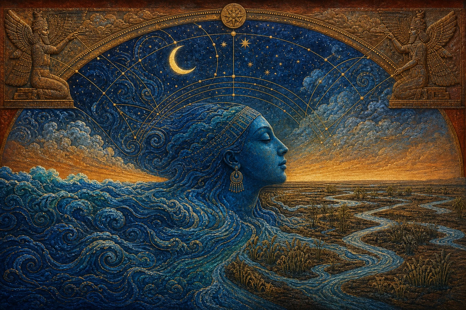 O corpo oceânico de Tiamat transforma-se conceitualmente em abóbada celeste, rios, constelações e horizonte mesopotâmico.