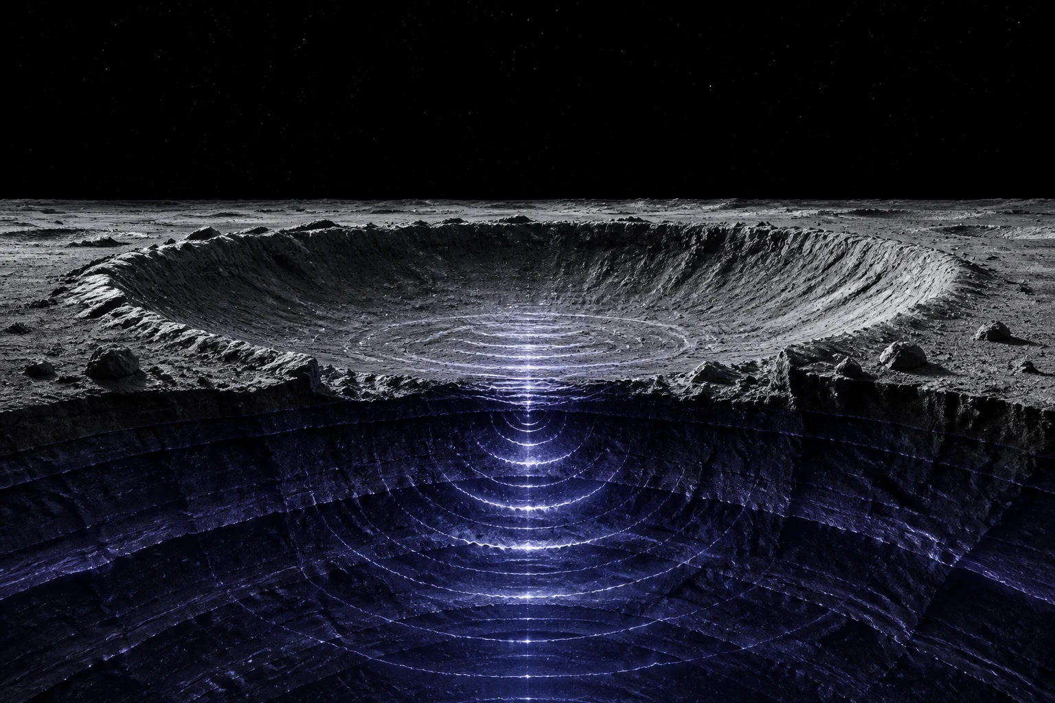 Ondas prateadas de um sismo atravessam a rocha lunar e delineiam ambiguamente grandes câmaras concêntricas.