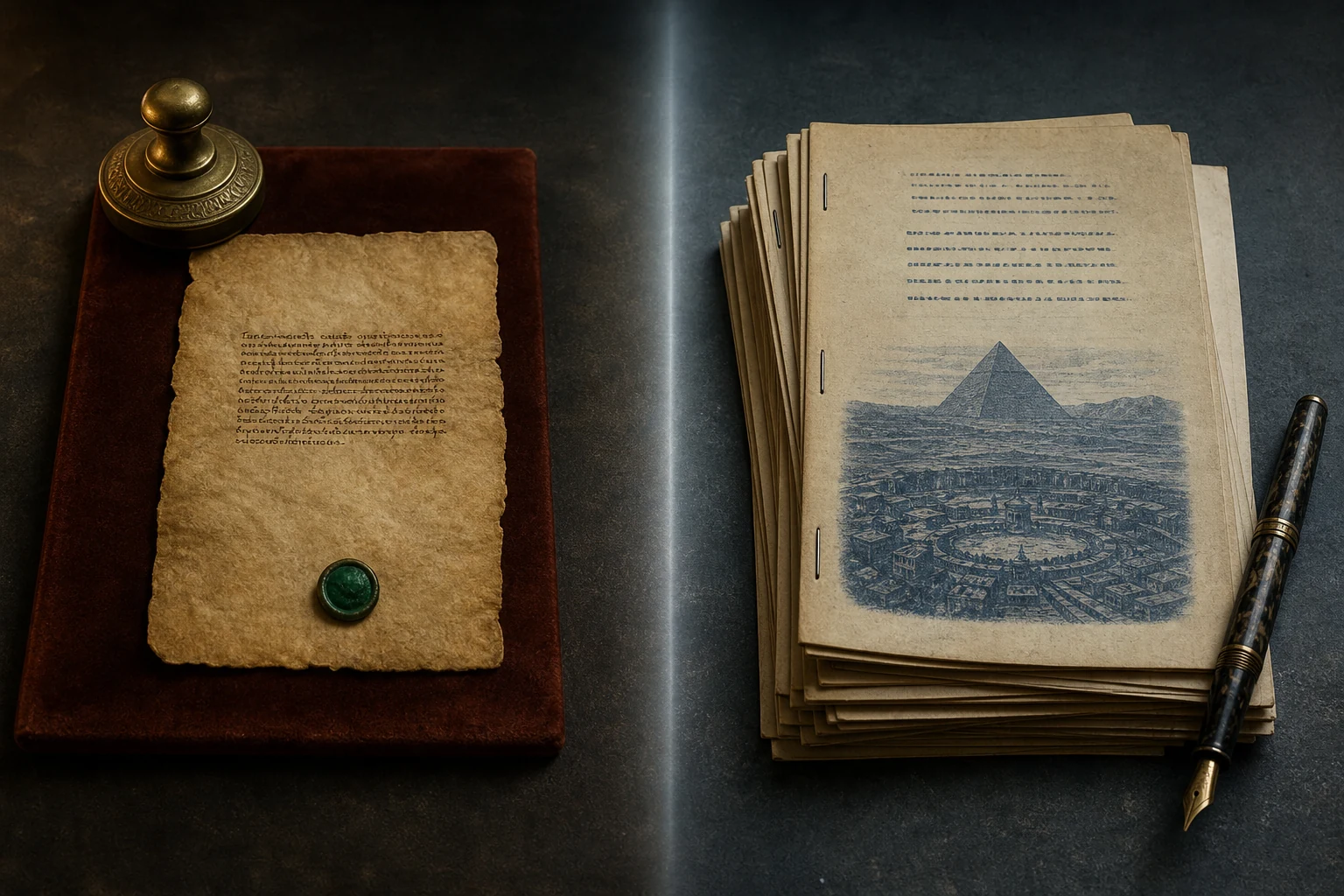 Comparação mostra à esquerda um pequeno manuscrito medieval com texto breve e à direita um livreto mimeografado do século XX com várias páginas sobre Atlântida.
