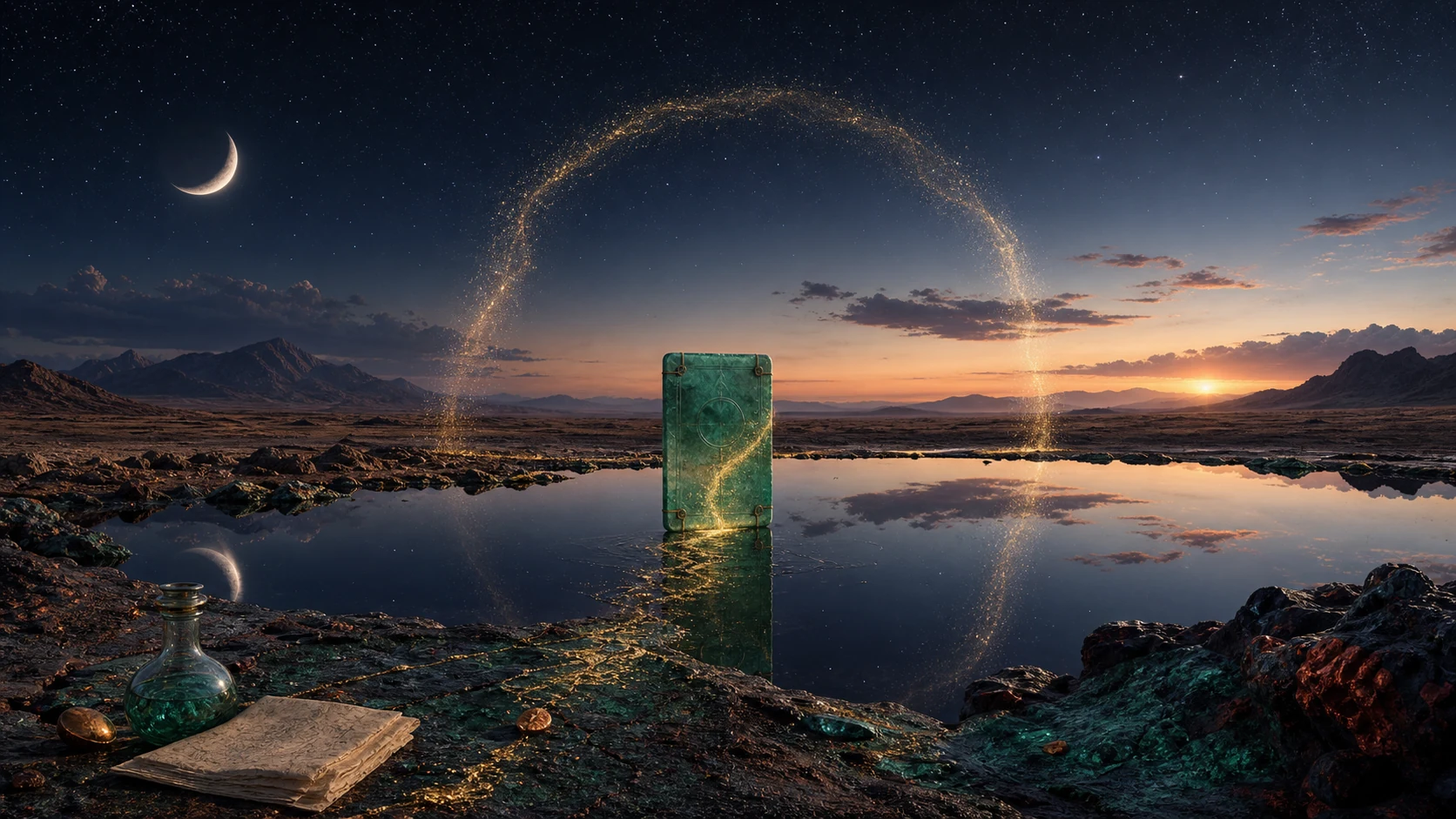Uma placa verde simbólica repousa entre céu estrelado refletido na água e terra mineral, enquanto um traço luminoso completa um circuito de subida e retorno.