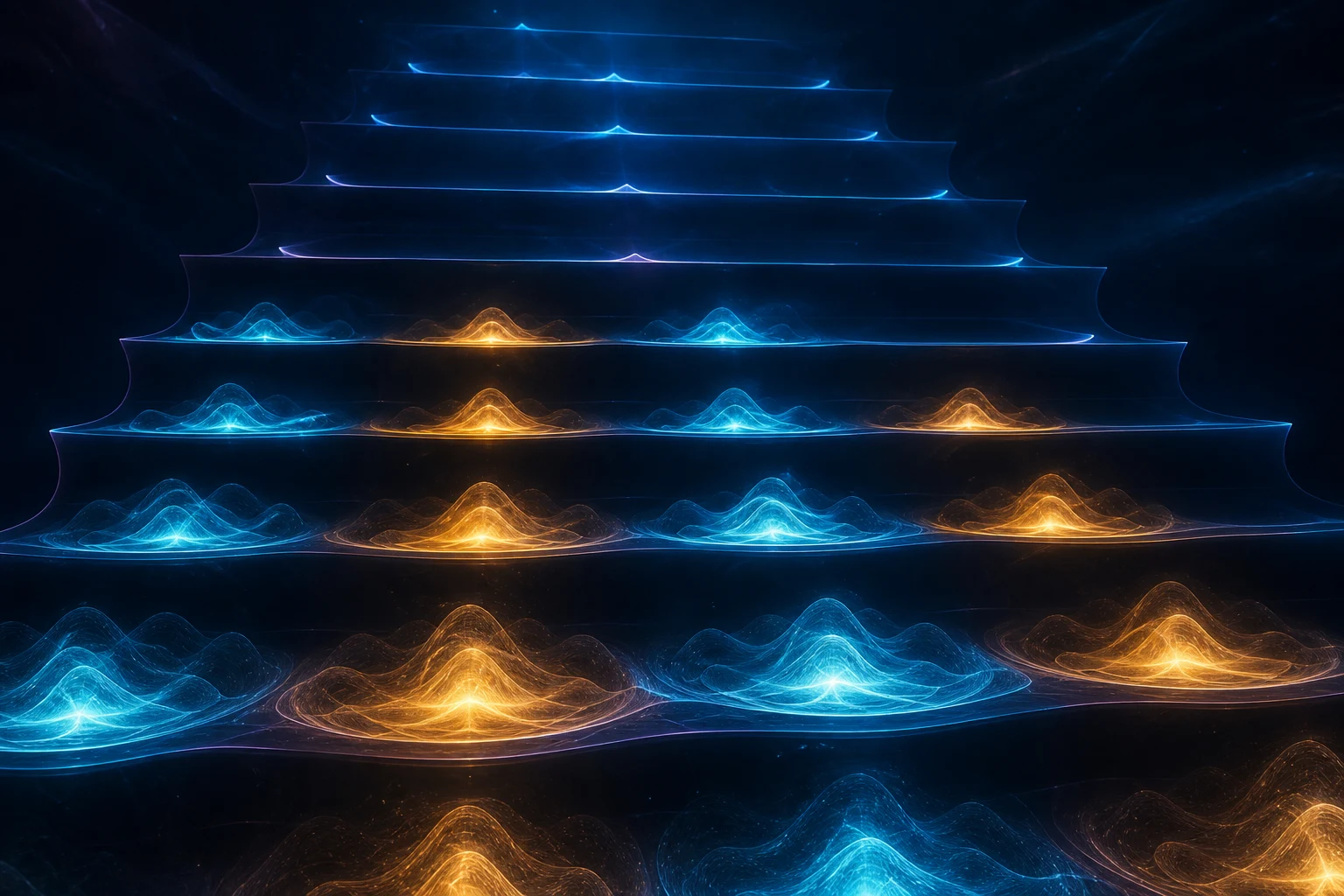 Patamares de energia recebem nuvens eletrônicas alternadas em azul e âmbar, deixando níveis superiores vazios.
