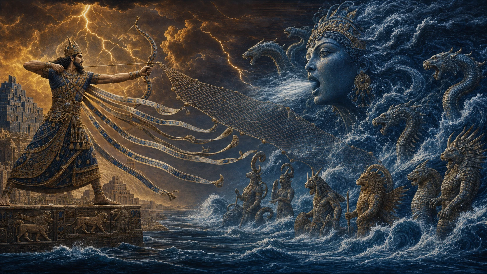Marduk enfrenta Tiamat como uma colossal forma oceânica cercada por serpentes e ventos, usando rede, arco e tempestade.