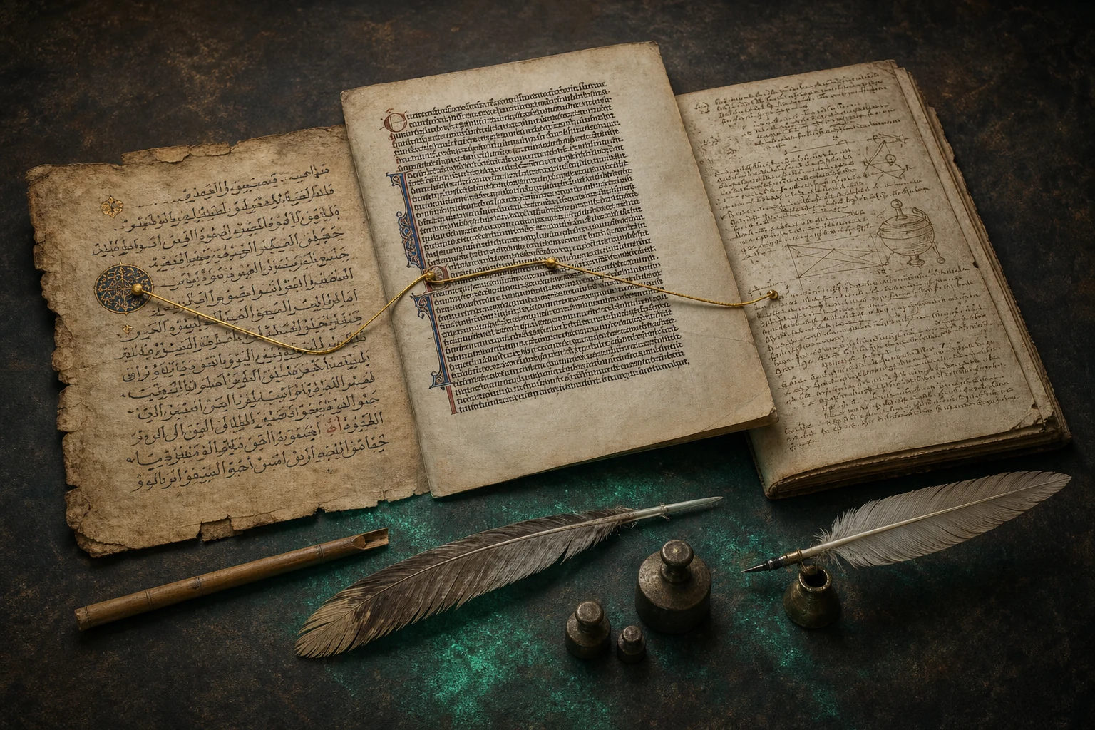 Três páginas sobrepostas mostram caligrafia árabe, manuscrito latino medieval e anotações inglesas da era moderna ligados por um mesmo traço dourado.