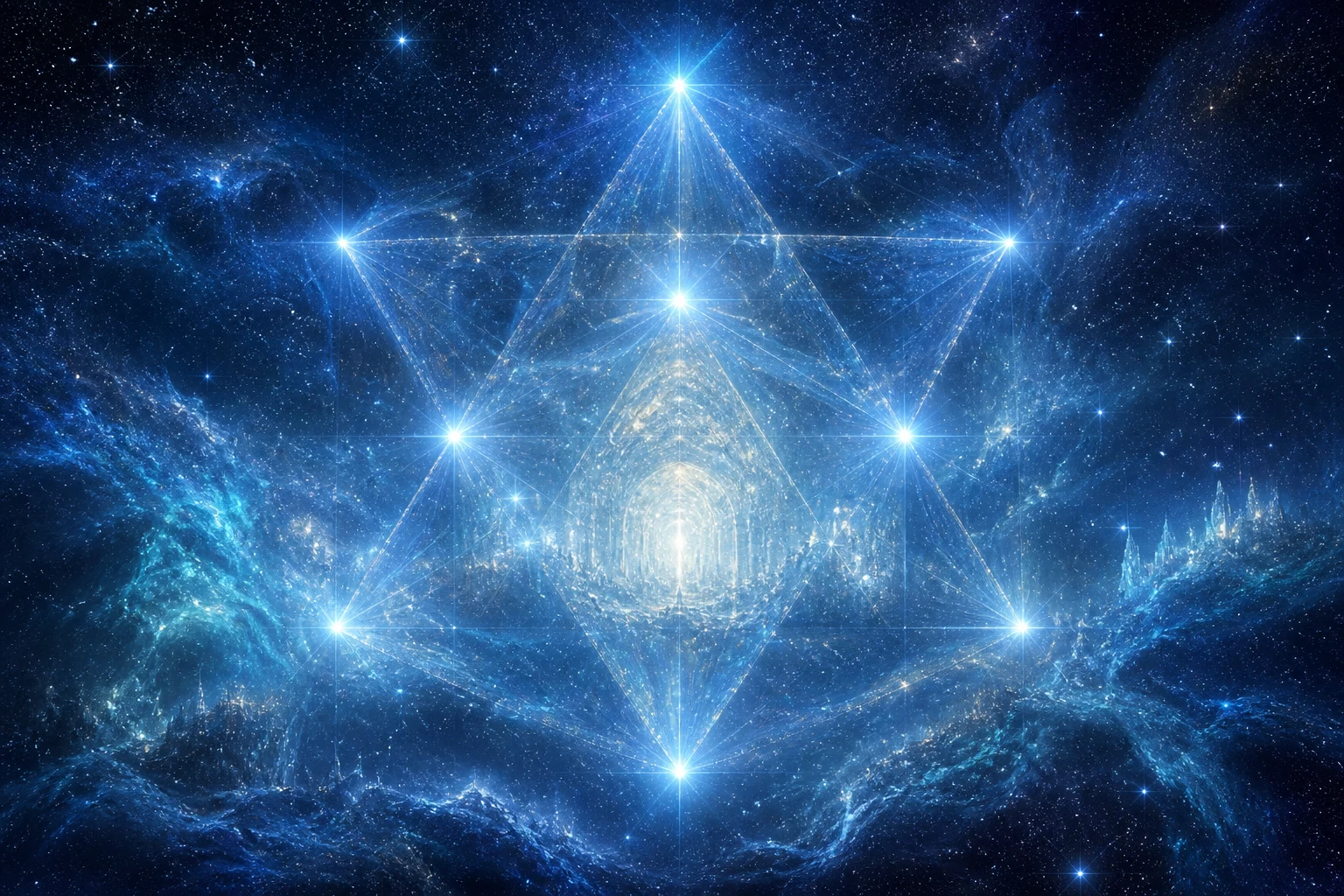 Estrelas azuis das Plêiades e poeira prateada organizam um portal tetraédrico de luz.