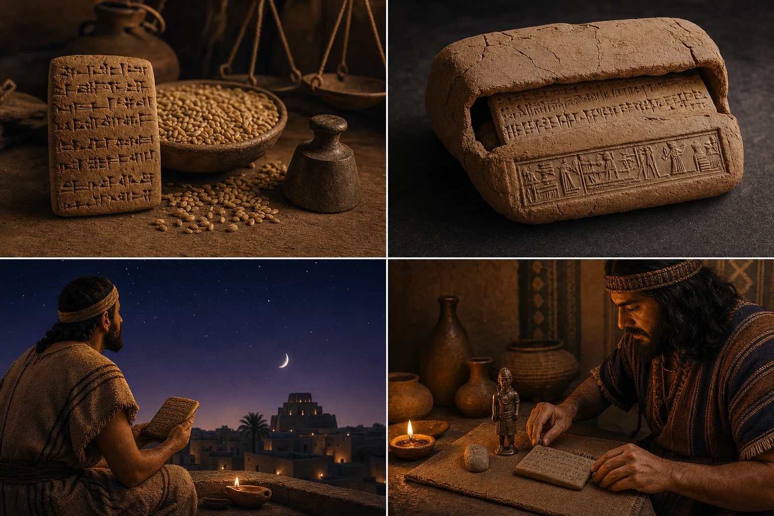 Mosaico de quatro cenas mostra uma conta de cevada, uma carta em envelope de argila, uma tábua astronômica e um ritual com amuleto.